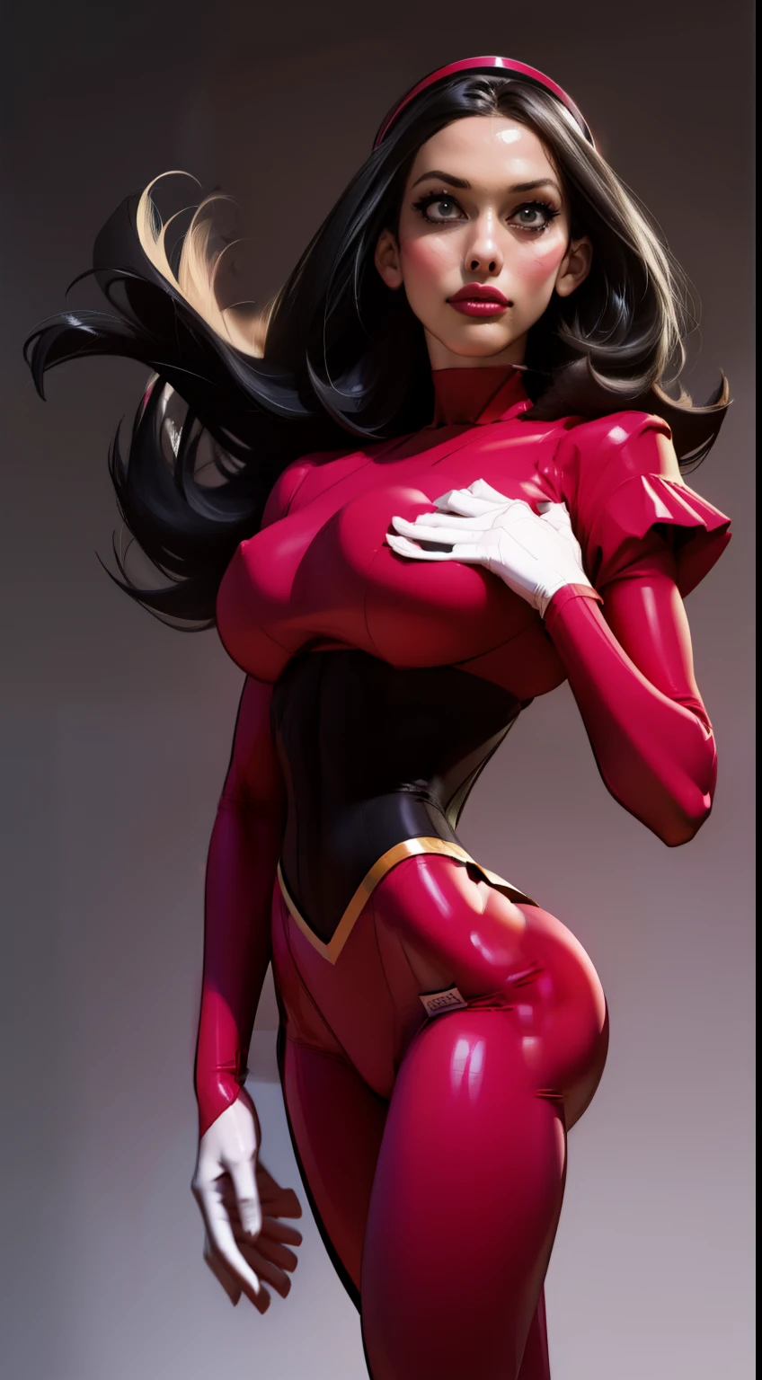 (Kat dennings face), Generate an illustration of a mature Sabrina, gym leader of pokemon, (large shoulder pads), black gloves, hairband, holding a poke all, de terno preto, long straight hair, hair flows straight down, Red pants, red blouse in anime format with a serious style, black corset, black boots, gothic make up, masterpiece, dark lighting, black background, puffy lips,slendered abs, beautiful face,