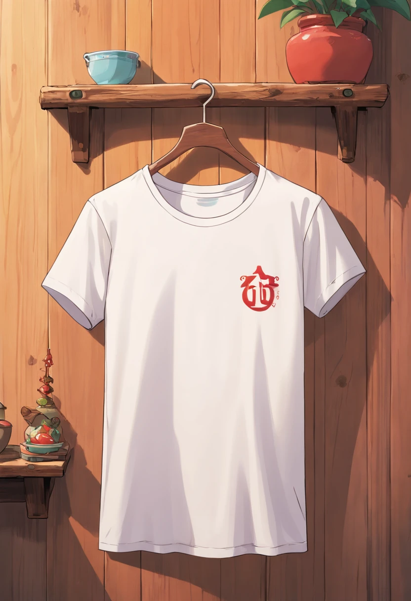 a top-down shot of a white t-shirt placed on a wooden hanger against a wooden background, providing a simple and elegant presentation of the design, as if it were ready to be worn
