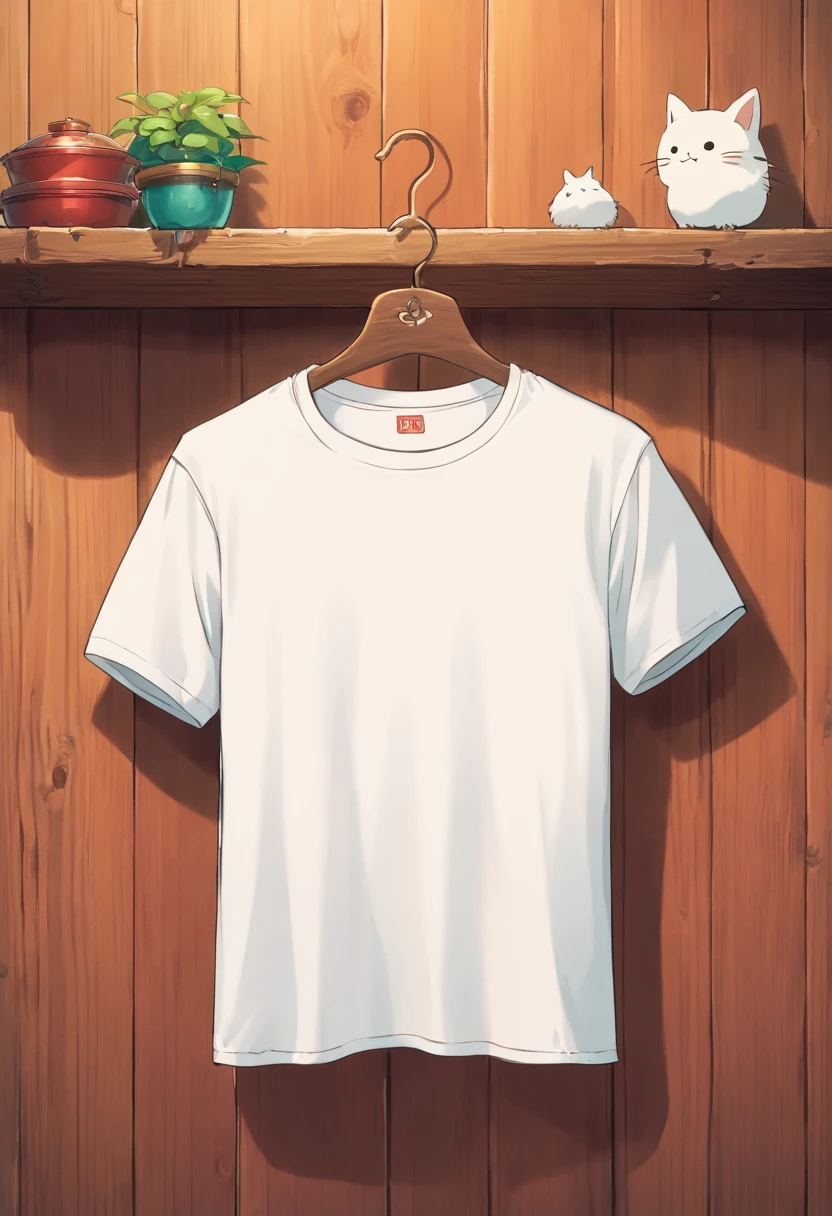 a top-down shot of a white t-shirt placed on a wooden hanger against a wooden background, providing a simple and elegant presentation of the design, as if it were ready to be worn