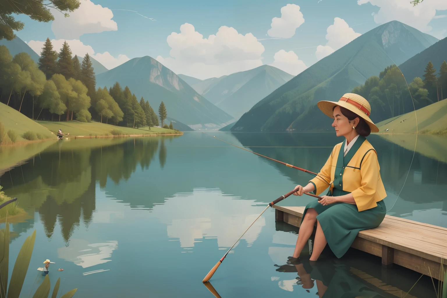 May 2023. Tranquil Fishing by a Wes Anderson Lakeside.

Description: An older woman in her late 50s, with a wide-brimmed hat and fishing rod, engages in tranquil fishing by a Wes Anderson lakeside. Her patient movements and the serene lakeside setting capture a peaceful May fishing scene.