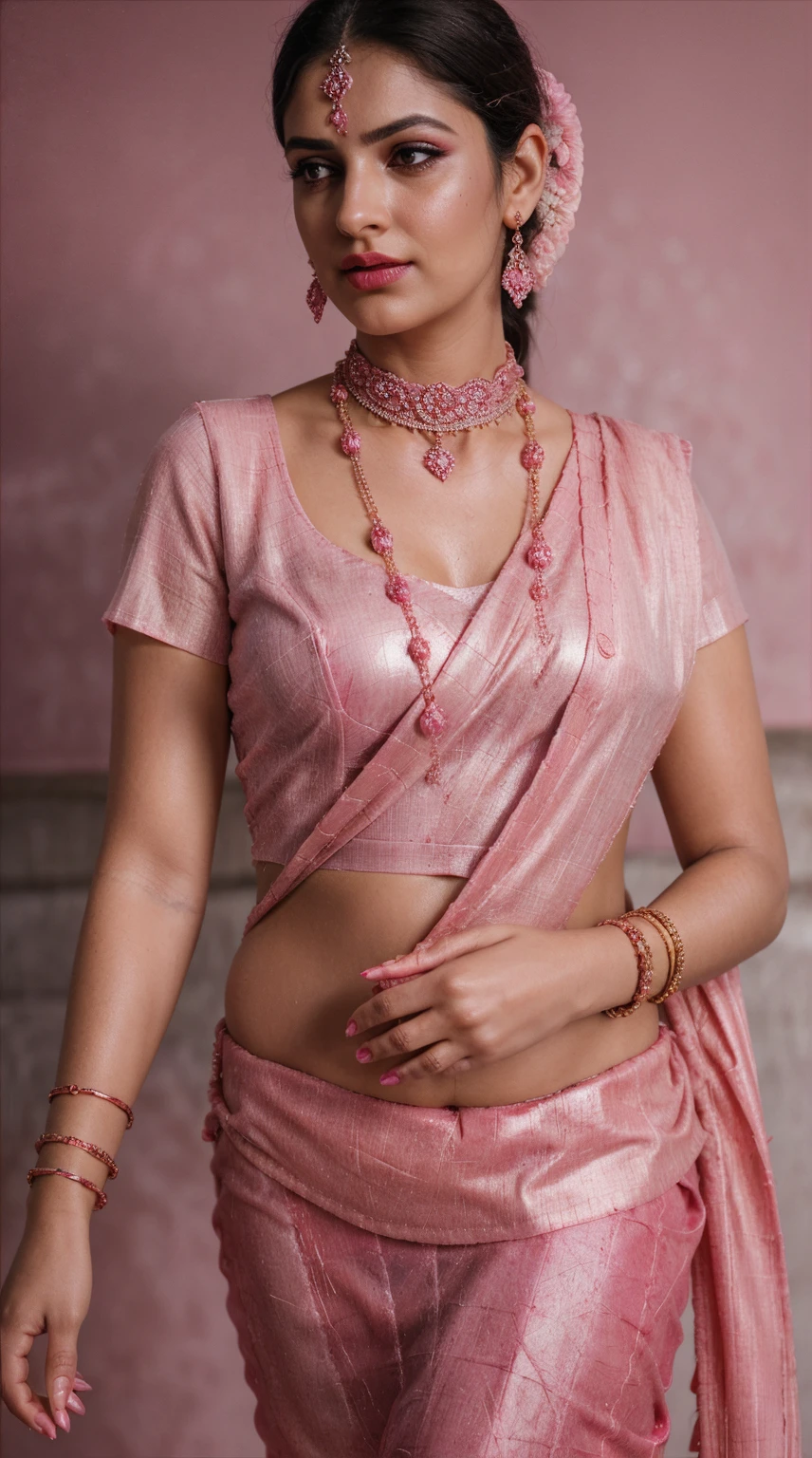 Pink saree, (RAW photo, realism: 1.8), (very dark pink lip gloss, jet dark pink lipstick, realistic eyelashes, dark brown eye shadow, shy, blushing, high quality, high resolution, depth of field, chromatic aberration, caustic, wide light, natural colors, 22 year old woman), necklaces, chokers, earrings, bracelets, wear delicate accessories, soft skin fair pink skin, small breasts size, oily shine skin, slime nose soft skin, wears small golden nose pin,