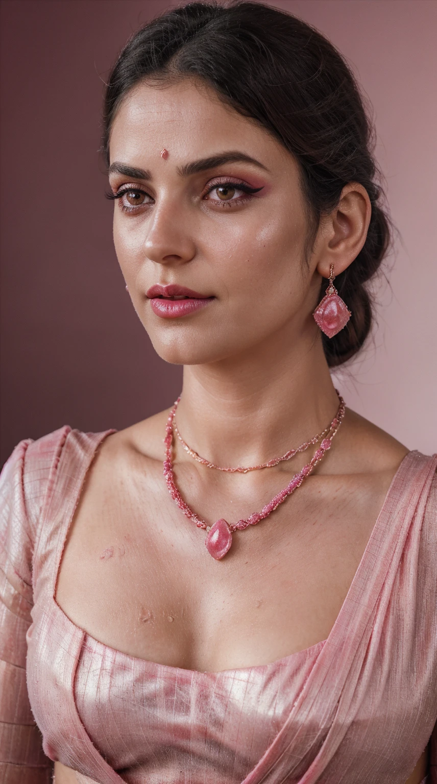 Pink saree, (RAW photo, realism: 1.8), (very dark pink lip gloss, jet dark pink lipstick, realistic eyelashes, dark brown eye shadow, shy, blushing, high quality, high resolution, depth of field, chromatic aberration, caustic, wide light, natural colors, 22 year old woman), necklaces, chokers, earrings, bracelets, wear delicate accessories, soft skin fair pink skin, small breasts size, oily shine skin, slime nose soft skin, wears small golden nose pin,