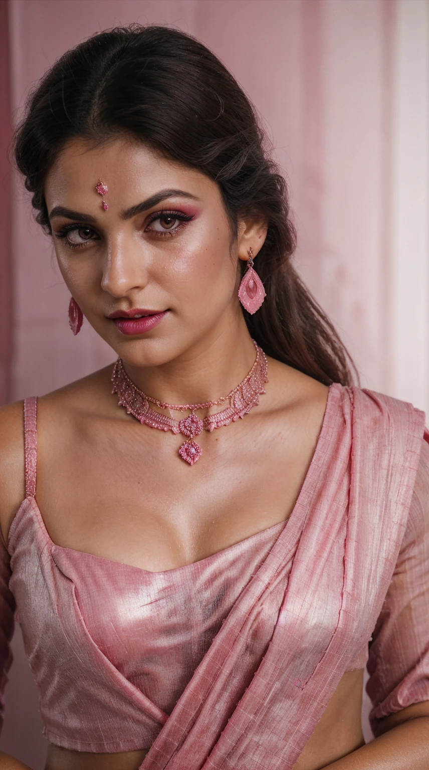 Pink saree, (RAW photo, realism: 1.8), (very dark pink lip gloss, jet dark pink lipstick, realistic eyelashes, dark brown eye shadow, shy, blushing, high quality, high resolution, depth of field, chromatic aberration, caustic, wide light, natural colors, 22 year old woman), necklaces, chokers, earrings, bracelets, wear delicate accessories, soft skin fair pink skin, small breasts size, oily shine skin, slime nose soft skin, wears small golden nose pin,