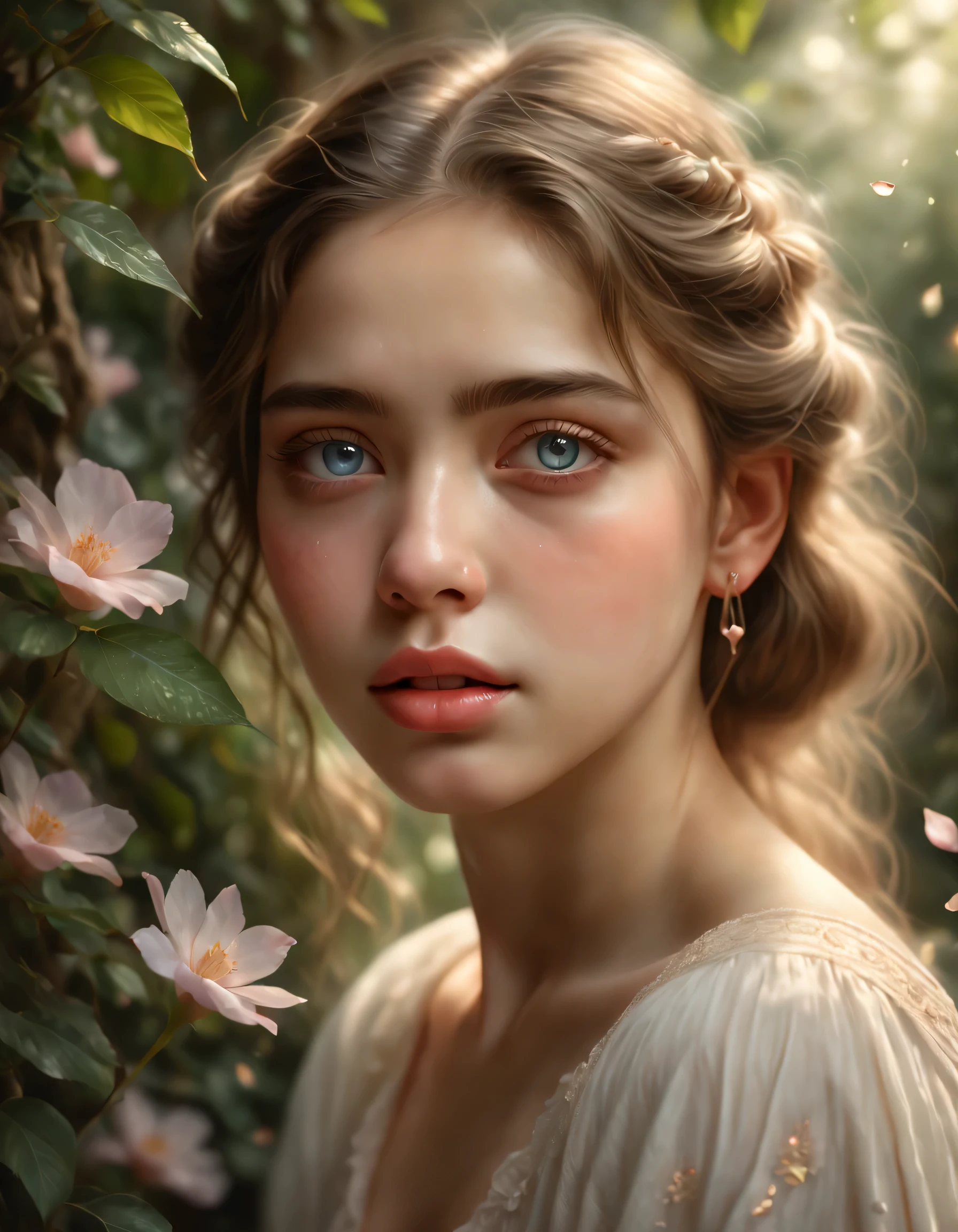 (best quality,4k,8k,Altas,master part:1.2),ultra-detalhado,(Realistic,photoRealistic,photo-Realistic:1.37),Song of the steps, Sowing in Tears,illustration,retrato,belos olhos detalhados,beautiful detailed lips,olhos e rosto extremamente detalhados,long eyelashes,emocional,subtle lighting,detalhes intrincados,watercolor technique,vivid colors,mystic atmosphere,elementos extravagantes,dreamlike scenery,subtle pastel hues,ethereal beauty,floating petals,melodias suaves,tears symbolizing emotions,pinceladas delicadas,Movimentos suaves,fine art master part,serene facial expression,ambiente tranquilo do jardim,soft, natural lighting,weak sunlight through the leaves,brilho sutil,paleta de cores moderada,uma em um jardim,Fechaduras Fluidas,serenidade e tranquilidade。