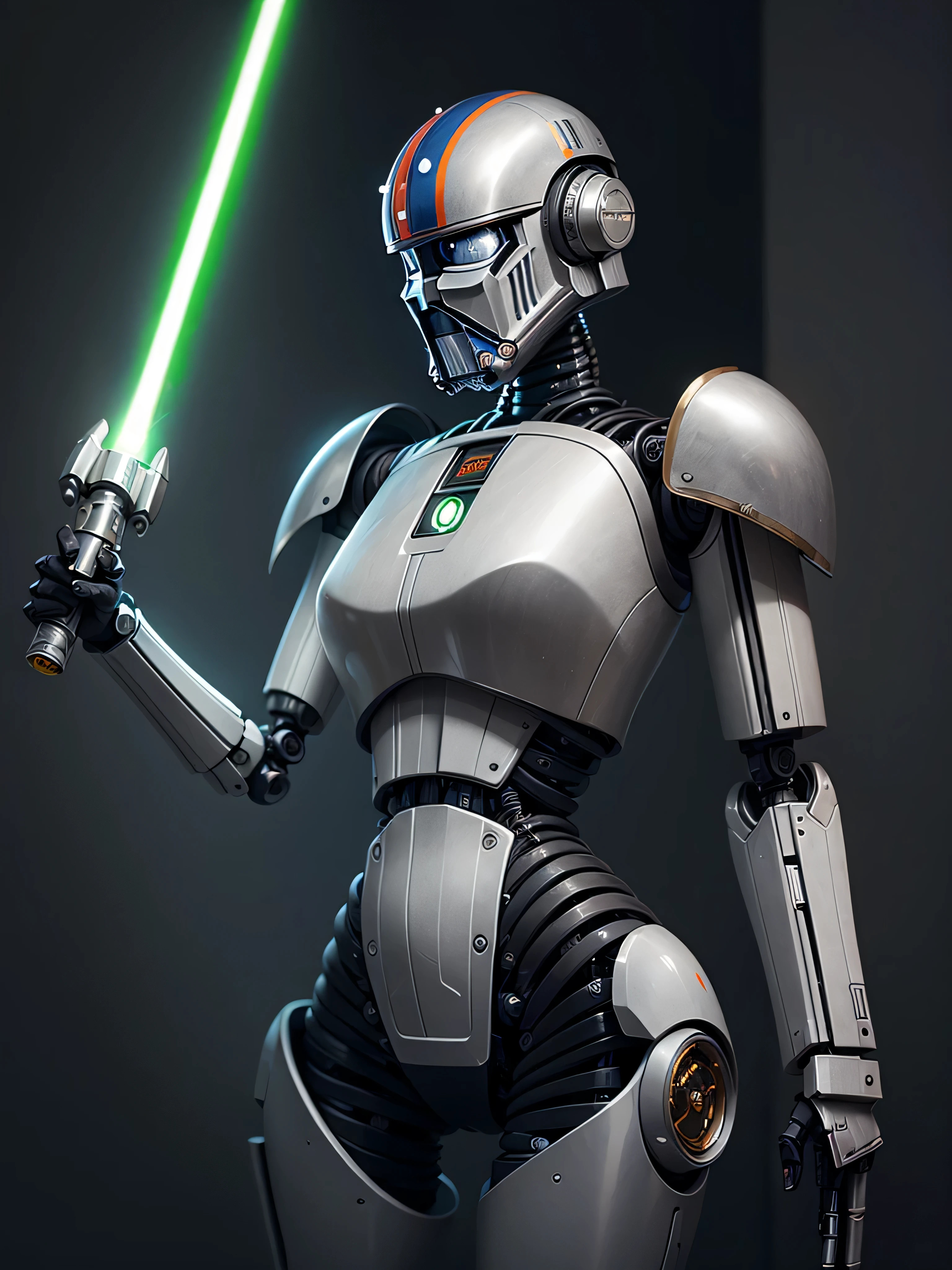 ((best quality: 1.5)) ((masterpiece: 0.8)), intricate details, sharp focus, professional, photorealistic, real life, realistic representation of the face, ((((solo) female robot, dreadnaught, droid, (lightsaber, (mechanical arm, cyborg face))))) bright glow, dynamic pose, gorgeous perfect face, in the style of realistic and hyper detailed renderings, zbrush, hyper realistic oil, contoured shading, dark room, dark background, black background, solo, BREAK; BREAK ((((((narrow hips, skinny)))))), ((fujicolor)), BREAK; BREAK ((((futuristic (matte gray warhammer armor, (wrist bayonet))), photorealistic, hyper-realistic)))