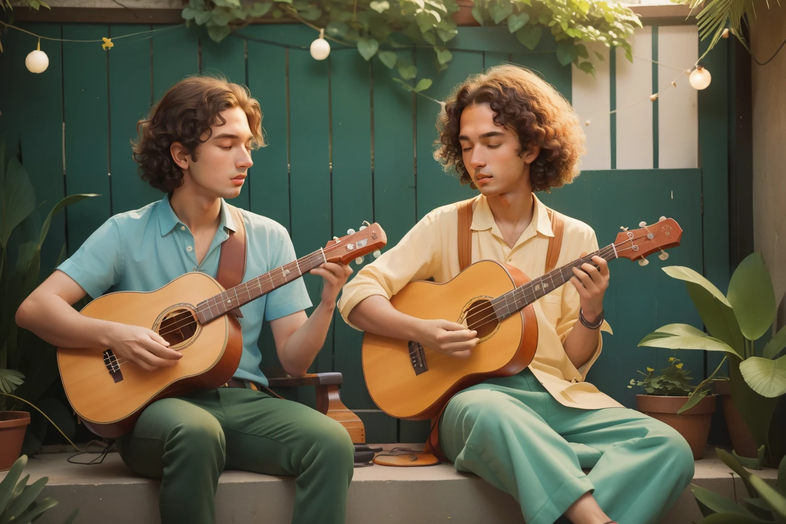 May 2023. Melodic Ukulele Strumming in a Wes Anderson Courtyard.

Description: A young man in his early 20s, with curly hair and a bohemian outfit, strums a ukulele in a Wes Anderson courtyard. His melodic movements and the warm May sunlight create a harmonious courtyard strumming scene.