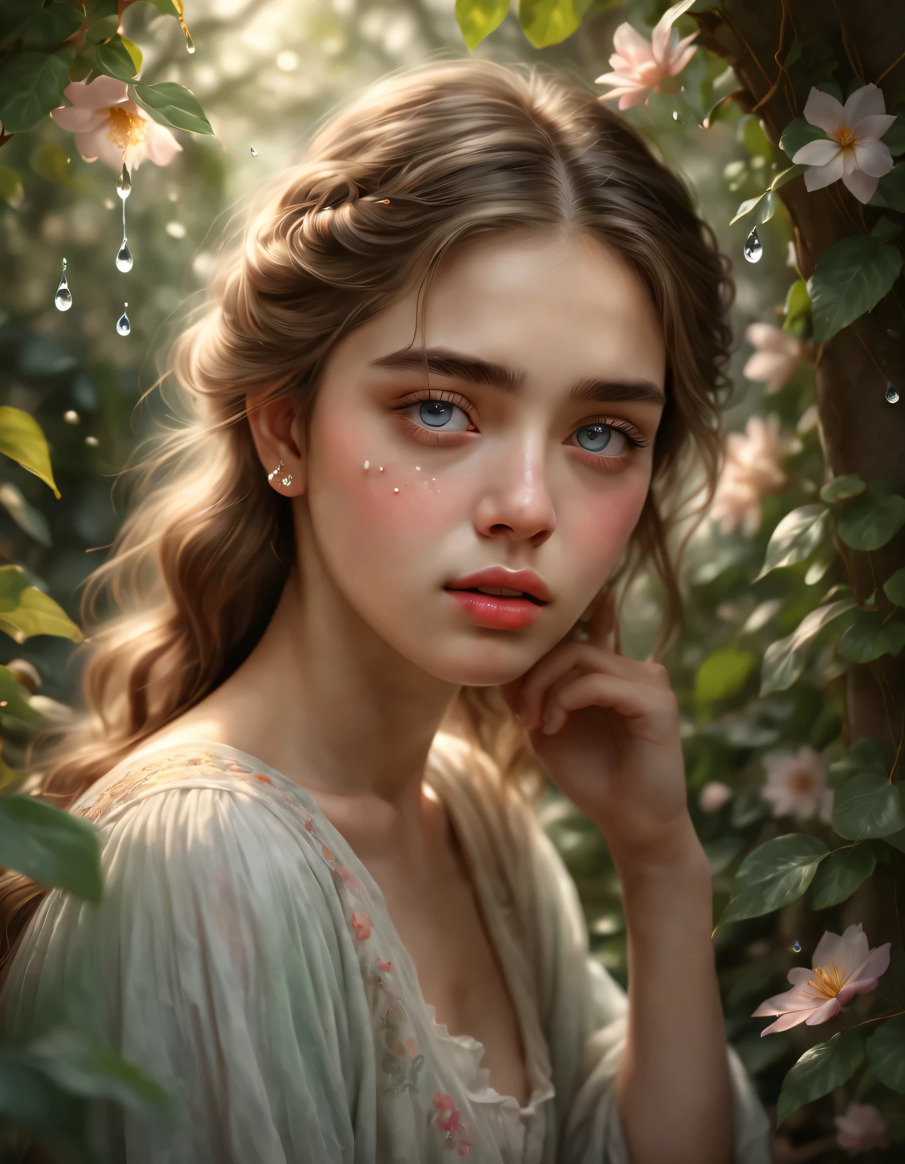 (best quality,4k,8k,Altas,master part:1.2),ultra-detalhado,(Realistic,photoRealistic,photo-Realistic:1.37),Song of the steps, Sowing in Tears,illustration,retrato,belos olhos detalhados,beautiful detailed lips,olhos e rosto extremamente detalhados,long eyelashes,emocional,subtle lighting,detalhes intrincados,watercolor technique,vivid colors,mystic atmosphere,elementos extravagantes,dreamlike scenery,subtle pastel hues,ethereal beauty,floating petals,melodias suaves,tears symbolizing emotions,pinceladas delicadas,Movimentos suaves,fine art master part,serene facial expression,ambiente tranquilo do jardim,soft, natural lighting,weak sunlight through the leaves,brilho sutil,paleta de cores moderada,uma menina em um jardim,Fechaduras Fluidas,serenidade e tranquilidade。