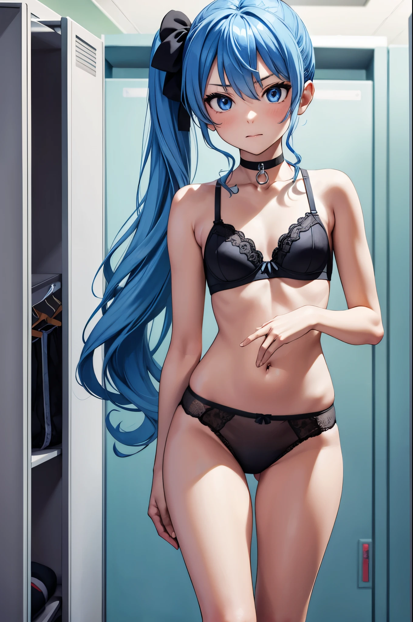 masterpiece, best quality, 1girl, solo, hoshimachisuisei, suisei hoshimachi, blue eyes, blue hair, choker, hair between eyes, medium hair, side ponytail, flat chest, sexy black underwear, black panties, black bra, black socks, full body, standing, looking at viewer, whole body can be seen, rape face, locker room, detailed hands, five fingers