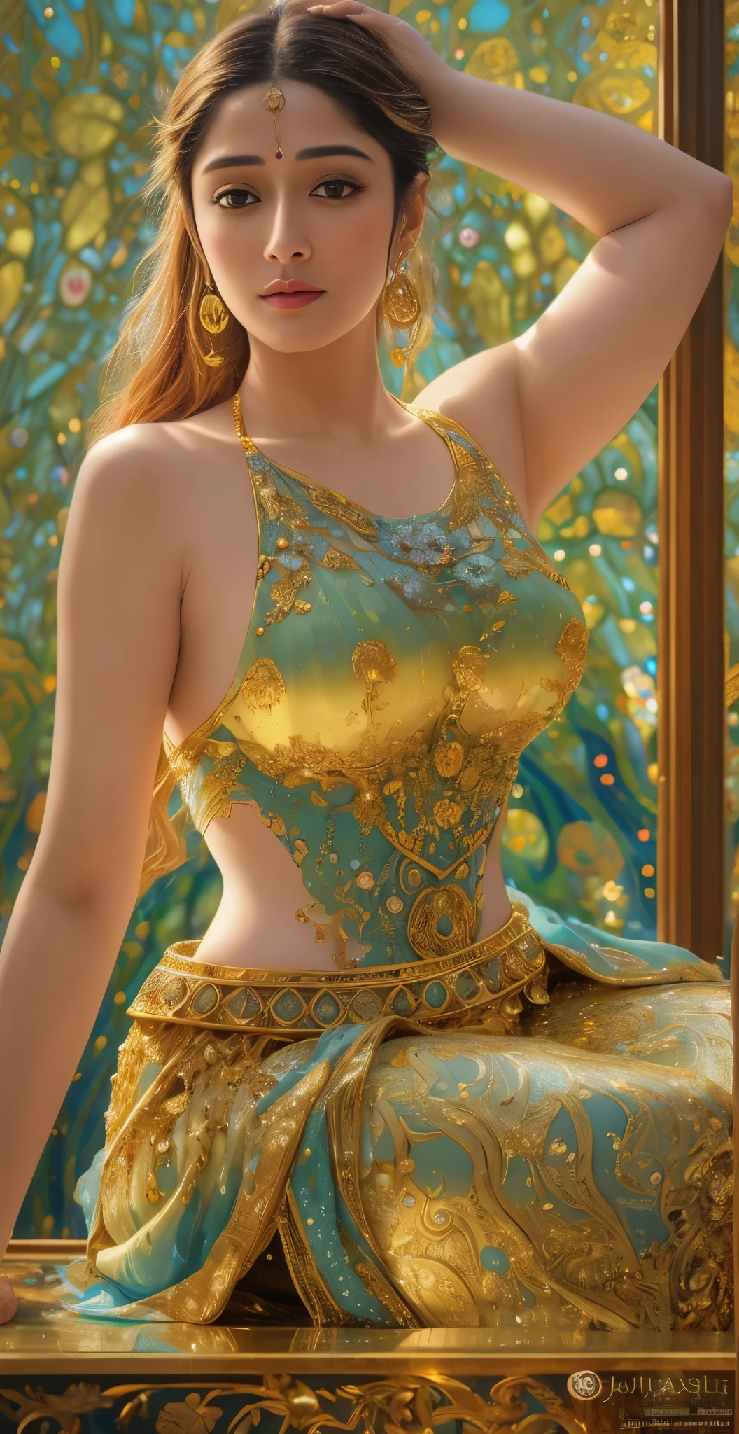 Face mix of Anushka Shetty and Nayanthara, a masterpiece ultrarealistic ultradetailed portrait of a beautiful girl in incredible goledn armor. baroque renaissance. in forest. medium shot, intricate, elegant, highly detailed. trending on artstation, digital art, by stanley artgerm lau, wlop, rossdraws, james jean, andrei riabovitchev, marc simonetti, yoshitaka amano. background by james jean and gustav klimt, light by julie bell, 4 k, porcelain skin.