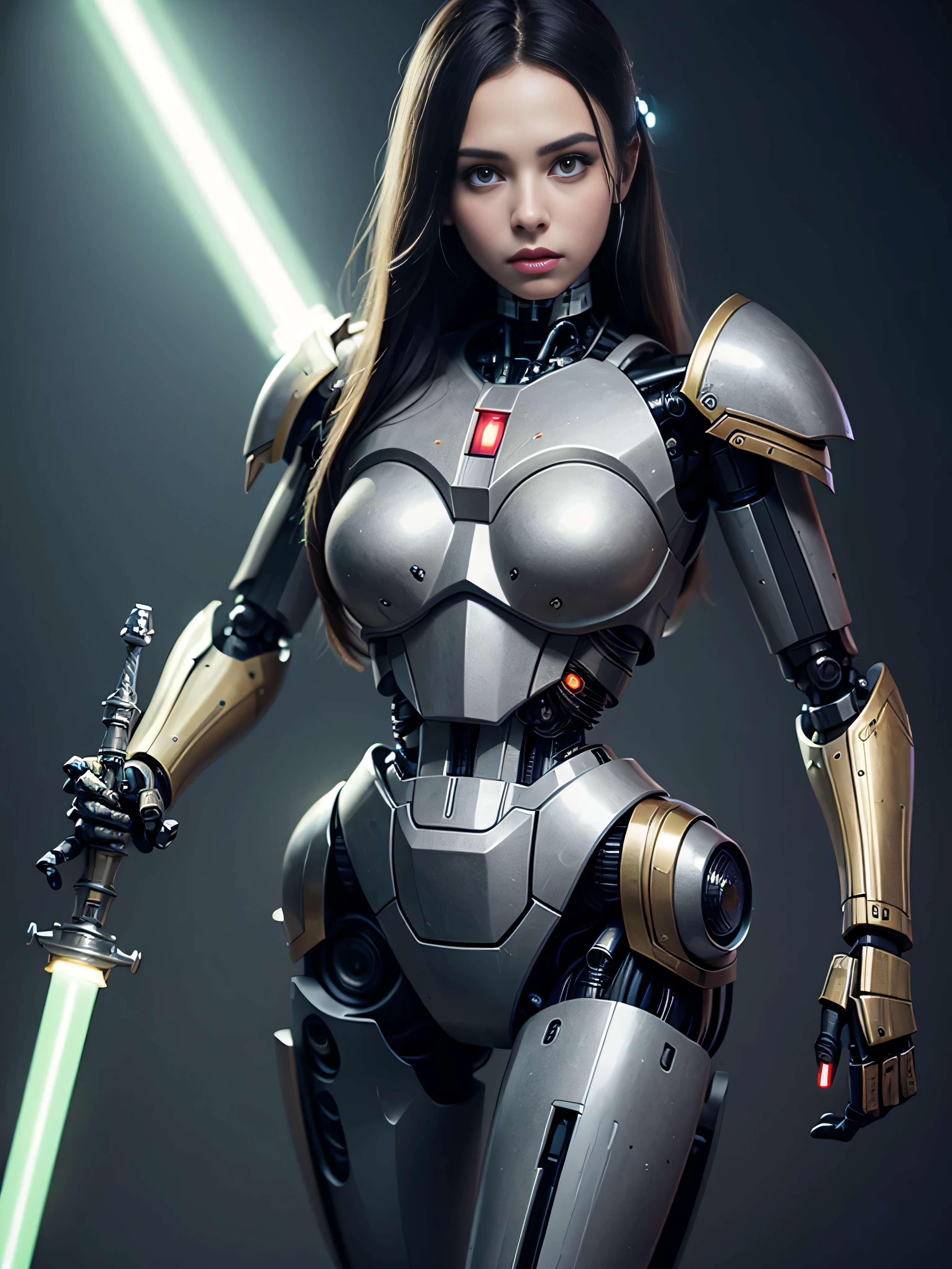 ((best quality: 1.5)) ((masterpiece: 0.8)), intricate details, sharp focus, professional, photorealistic, real life, realistic representation of the face, ((((solo) female robot, dreadnaught, droid, (lightsaber, (mechanical arm, cyborg face))))) bright glow, dynamic pose, gorgeous perfect face, in the style of realistic and hyper detailed renderings, zbrush, hyper realistic oil, contoured shading, dark room, dark background, black background, solo, BREAK; BREAK ((((((narrow hips, skinny)))))), ((fujicolor)), BREAK; BREAK ((((futuristic (matte gray warhammer armor, (wrist bayonet))), photorealistic, hyper-realistic)))