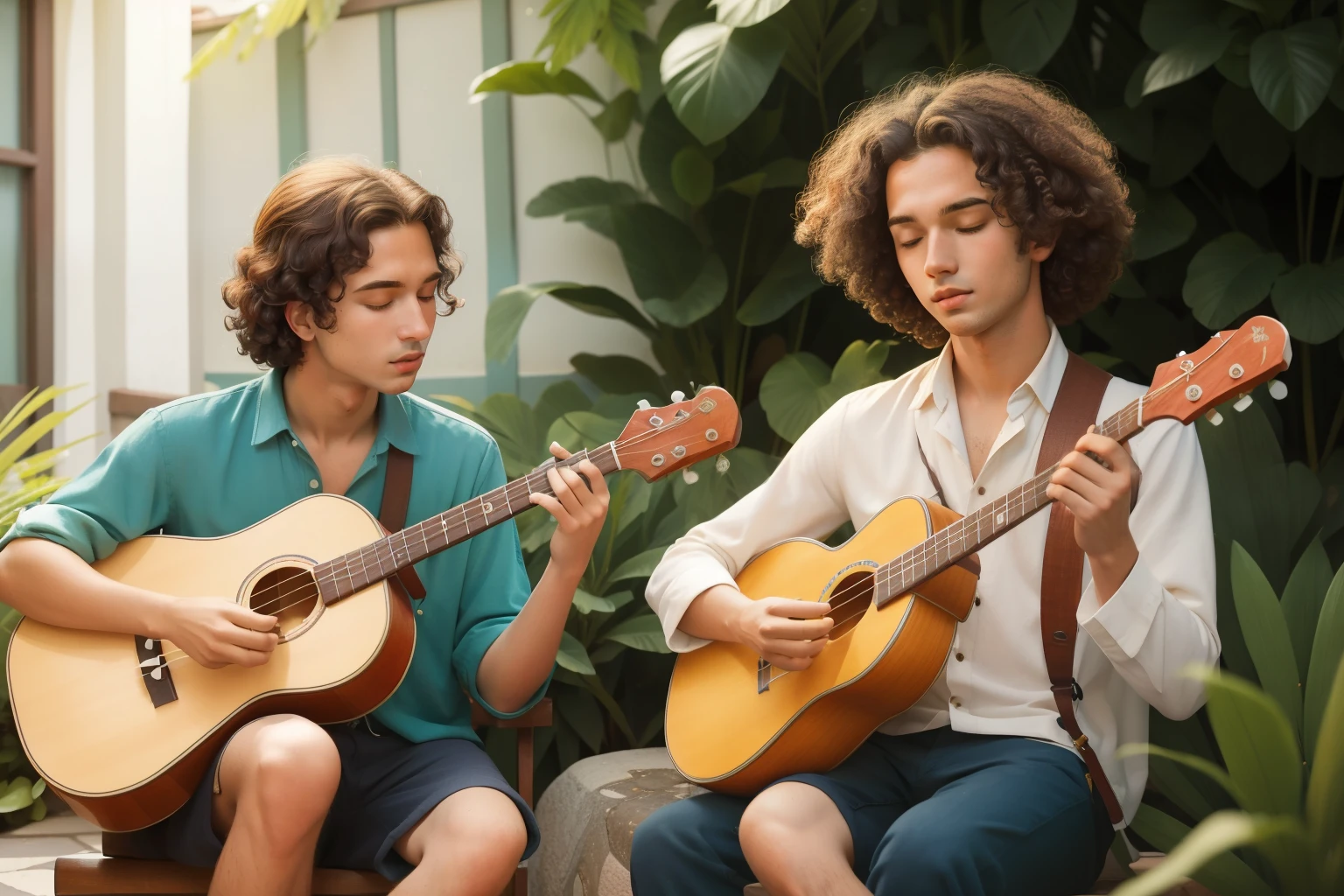 May 2023. Melodic Ukulele Strumming in a Wes Anderson Courtyard.
Description: A young man in his early 20s, with curly hair and a bohemian outfit, strums a ukulele in a Wes Anderson courtyard. His melodic movements and the warm May sunlight create a harmonious courtyard strumming scene.