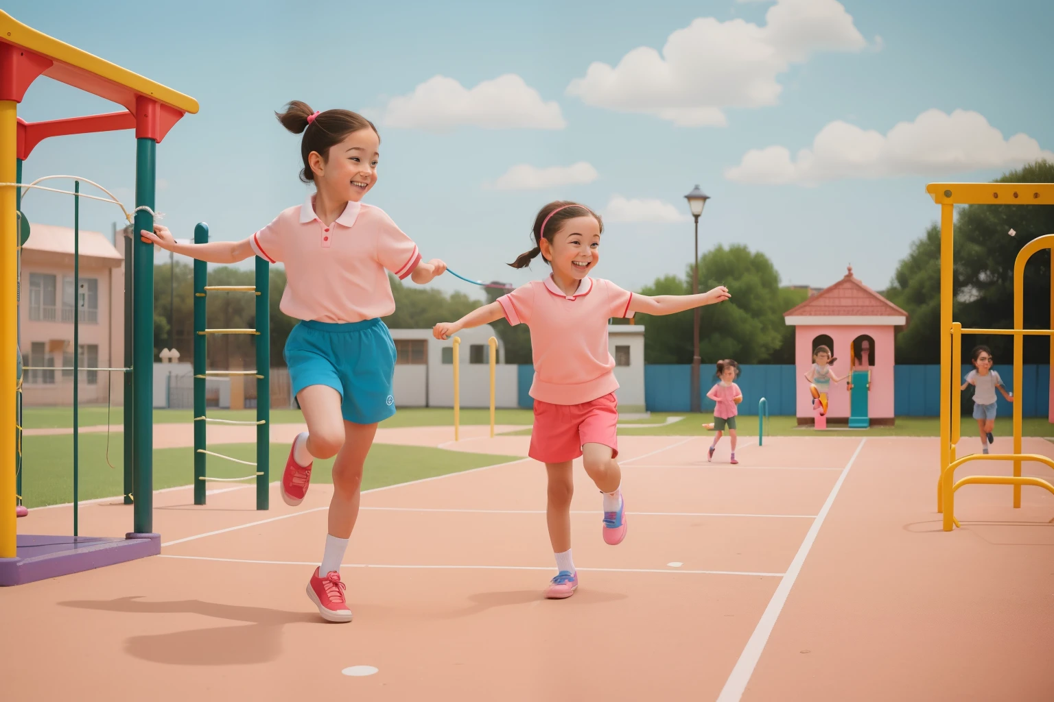 May 2023. Lighthearted Skipping Rope in a Wes Anderson Playground.

Description: A , arounars old wles and a ponytail, joyfully skips rope in a Wes Anderson playground. Their lighthearted movements and the vibrant playground equipment contribute to a playful May skipping scene.