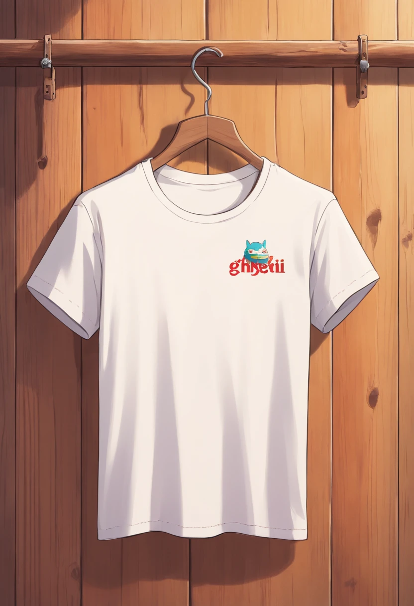 a top-down shot of a white t-shirt placed on a wooden hanger against a wooden background, providing a simple and elegant presentation of the design, as if it were ready to be worn