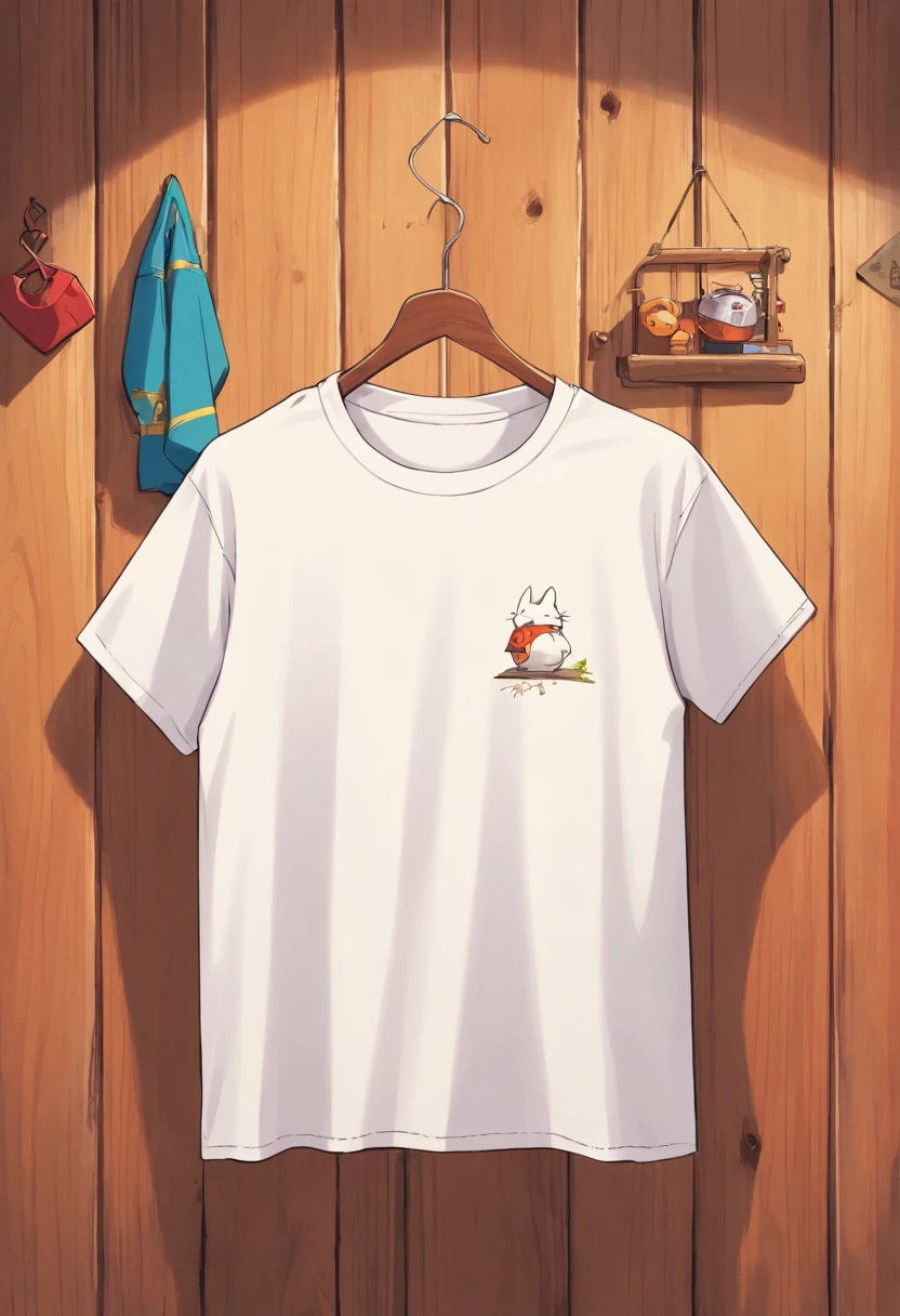 a top-down shot of a white t-shirt placed on a wooden hanger against a wooden background, providing a simple and elegant presentation of the design, as if it were ready to be worn
