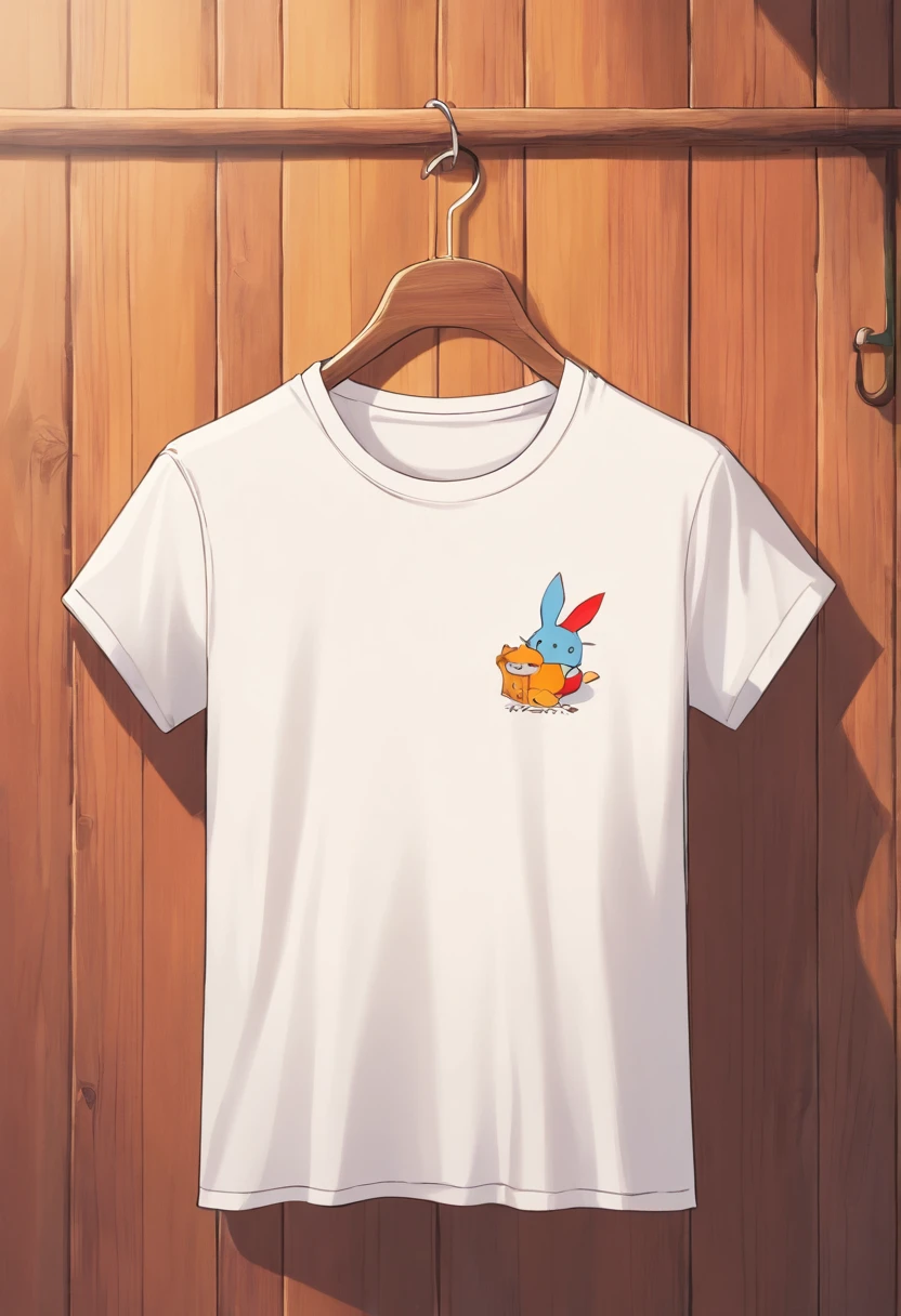 a top-down shot of a white t-shirt placed on a wooden hanger against a wooden background, providing a simple and elegant presentation of the design, as if it were ready to be worn