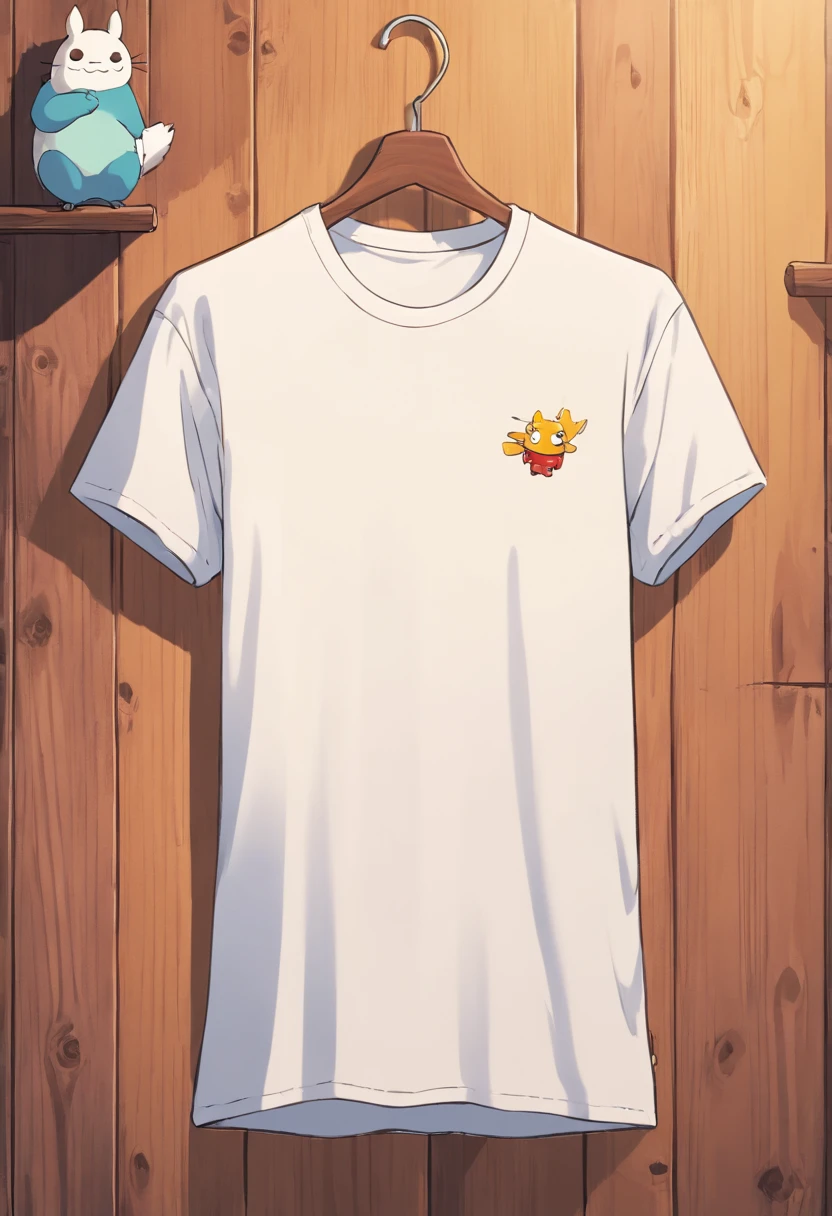 a top-down shot of a white t-shirt placed on a wooden hanger against a wooden background, providing a simple and elegant presentation of the design, as if it were ready to be worn