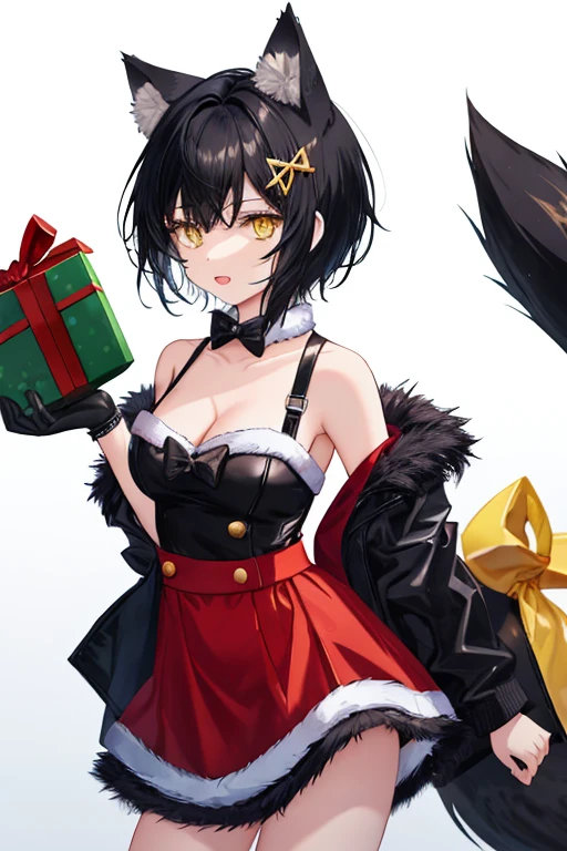 girl with wolf ears and tail, (very short hair), black hair, tomboy, yellow eyes, wears a Christmas Dress, medium breasts, attractive, sexy, tomboyish