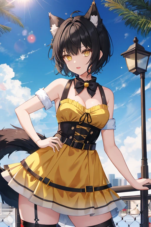 girl with wolf ears and tail, (very short hair), black hair, tomboy, yellow eyes, wears a Christmas Dress, medium breasts, attractive, sexy, tomboyish