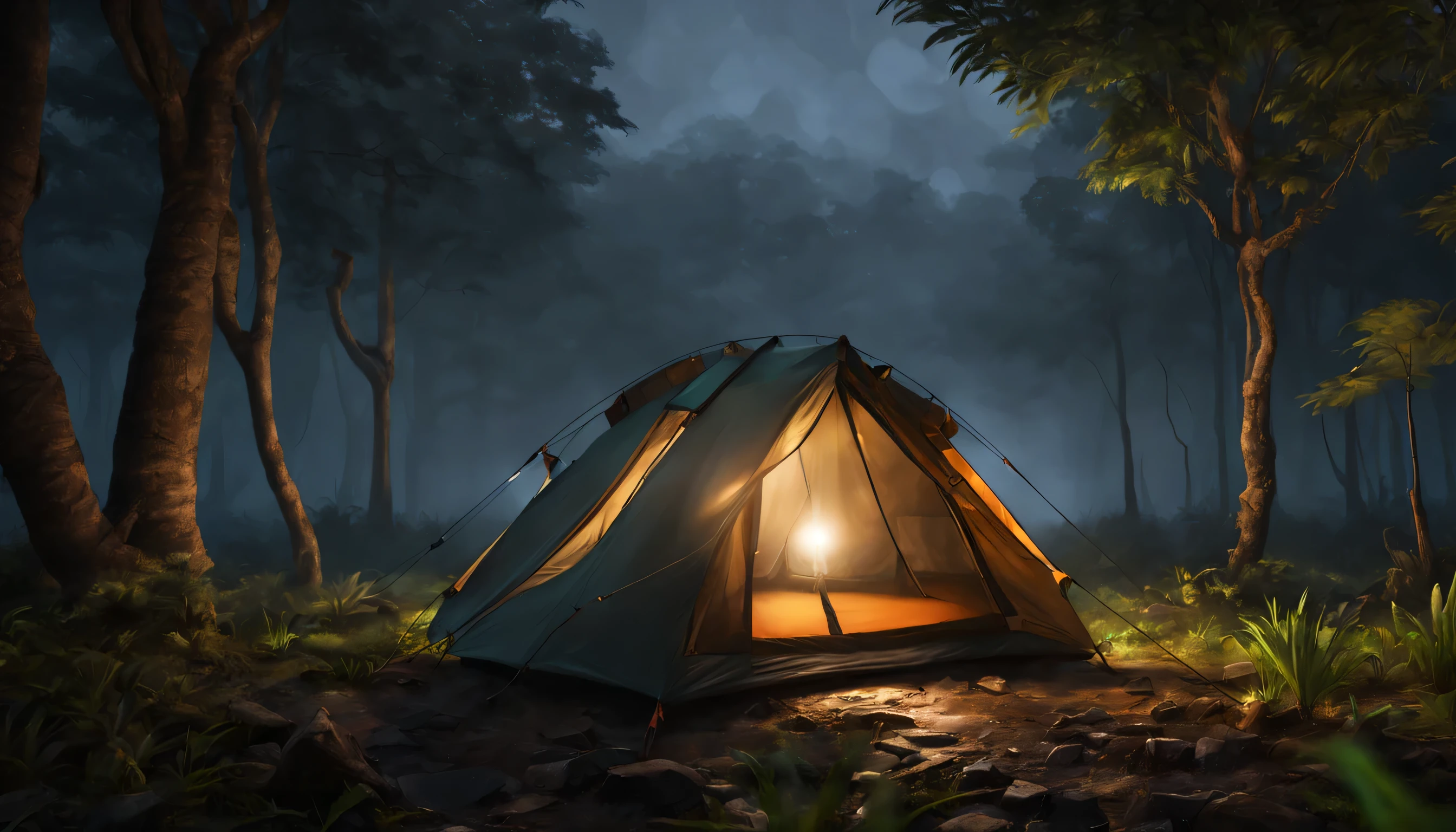Camping tent set up between distant trees of an Amazon rainforest at night, With the floor wet, em um dia de nevoeiro, master part, best quality, alta qualidade, extremamente detalhado CG unity 8k wallpaper, oil painting, award-winning photography, Bokeh, profundidade de campo, HDR, florescer, chromatic aberration, fotorrealista, extremamente detalhado, Artstation Trend, CGSociety trend, intrincado, High detail, Dramatic, Arte no meio da jornada, Volumetric lighting