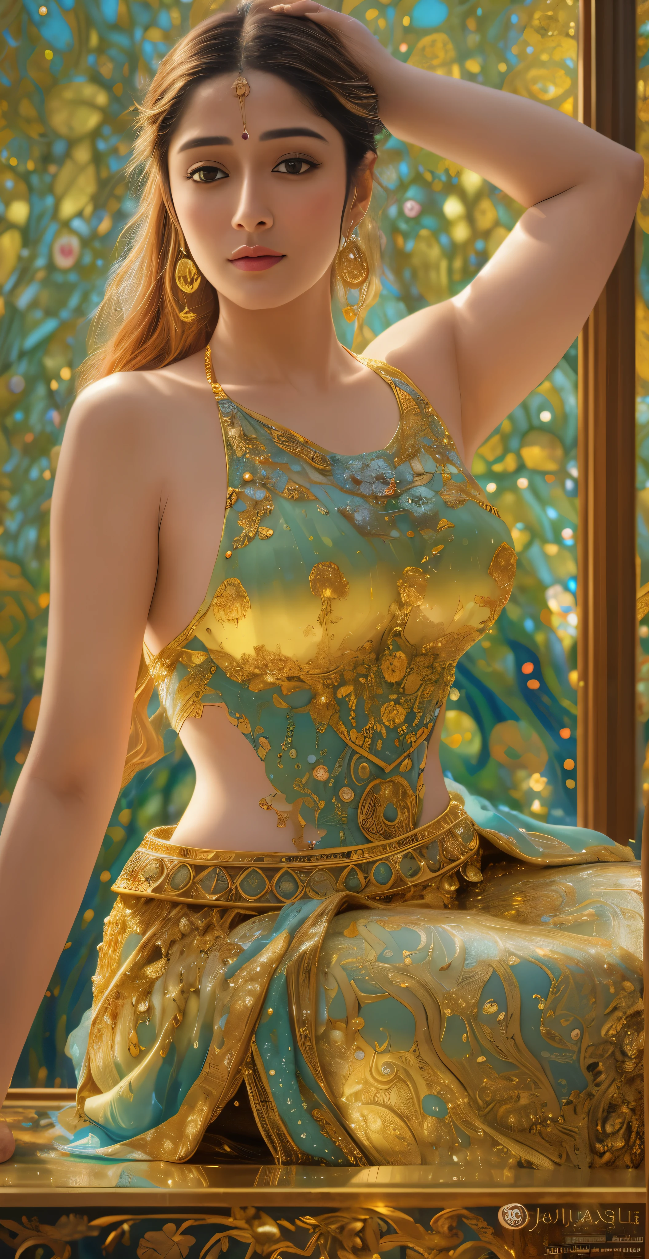 Face mix of Anushka Shetty and Nayanthara, a masterpiece ultrarealistic ultradetailed portrait of a beautiful girl in incredible goledn armor. baroque renaissance. in forest. medium shot, intricate, elegant, highly detailed. trending on artstation, digital art, by stanley artgerm lau, wlop, rossdraws, james jean, andrei riabovitchev, marc simonetti, yoshitaka amano. background by james jean and gustav klimt, light by julie bell, 4 k, porcelain skin.