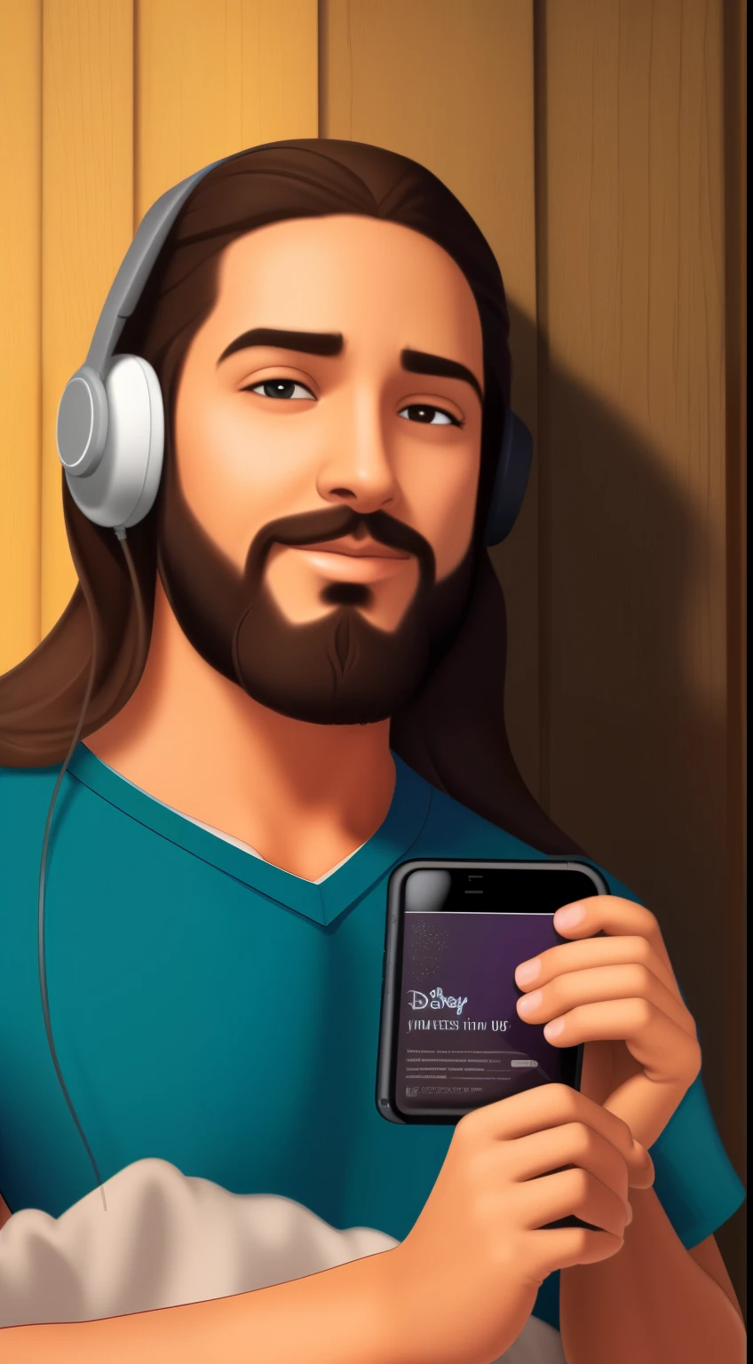 Uma imagem estilo disney de jesus usando fones de ouvido, com destaque para um audiobook biblico em um dispositivo movel.