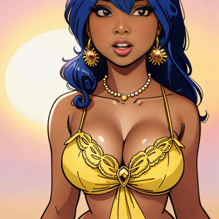 there is a woman in a bikini and colorful wig, epic 3 d oshun, black Princesa Africana, dark skin female deusa of love, stunning Princesa Africana, deusa. Detalhes extremamente altos, Princesa Africana, jovem mulher negra, mulher jovem negra, Rainha africana, sedutor. altamente detalhado, bela arte digital, 4k altamente detalhado digital art, beautiful deusa
