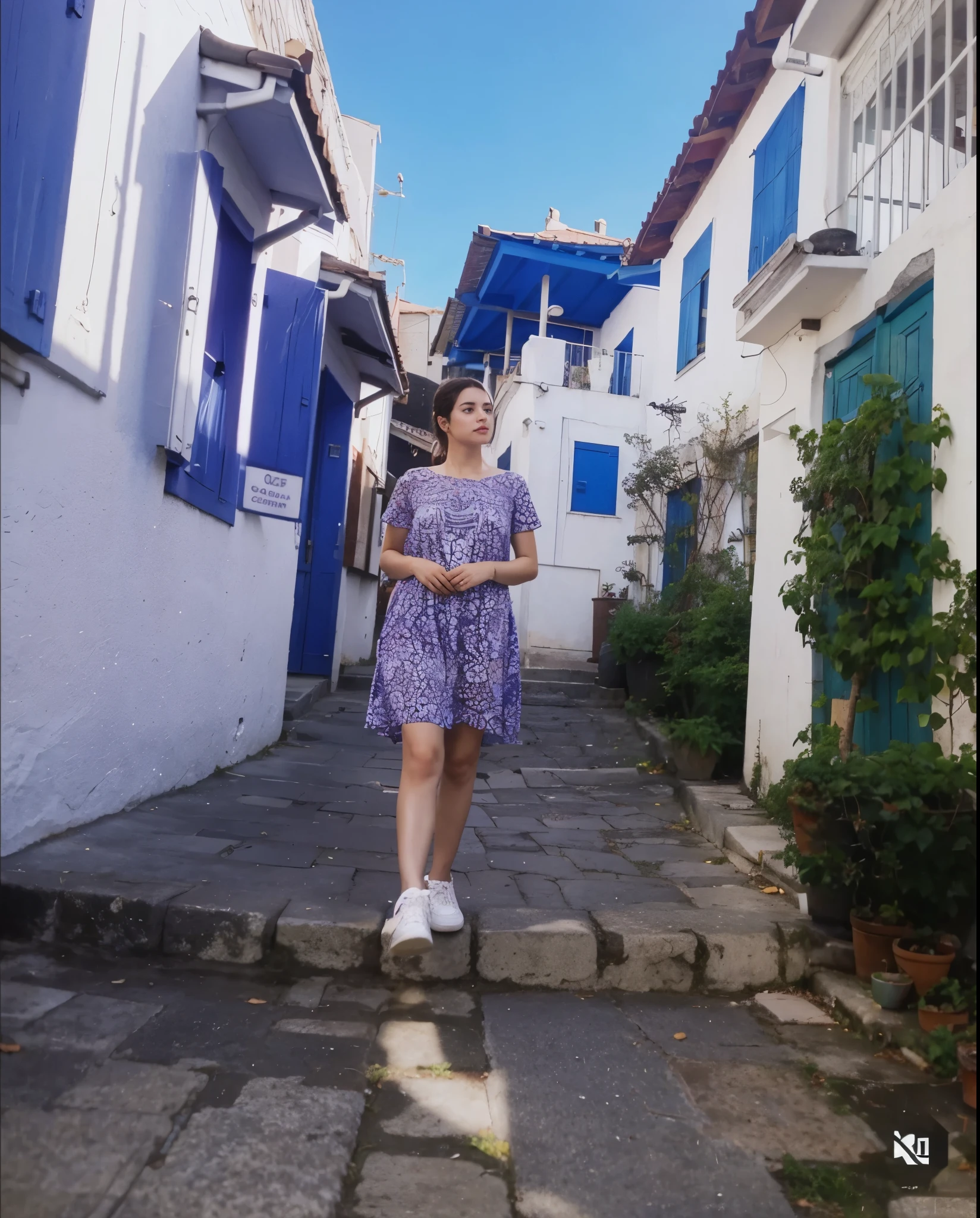 woman in a pink dress and yellow hijab standing in front of a building, in front of the house, standing outside a house, in front of a two story house, in city street, very very low quality picture, at an ancient city, at a city street, standing in a city center, faridah malik, in front of a temple, very accurate photo