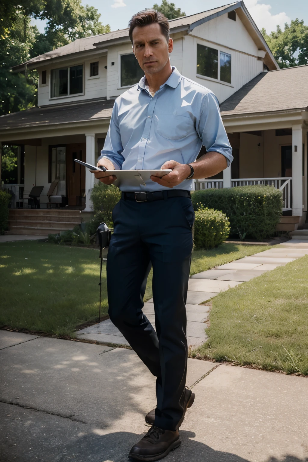 generate a realistic image in high resolution, better quality, realism, which contextualizes a man property appraiser in action, wearing fine clothing, work equipment, tablet in hand, tape measure on his waist, realistic image, hyper realism, modern house
