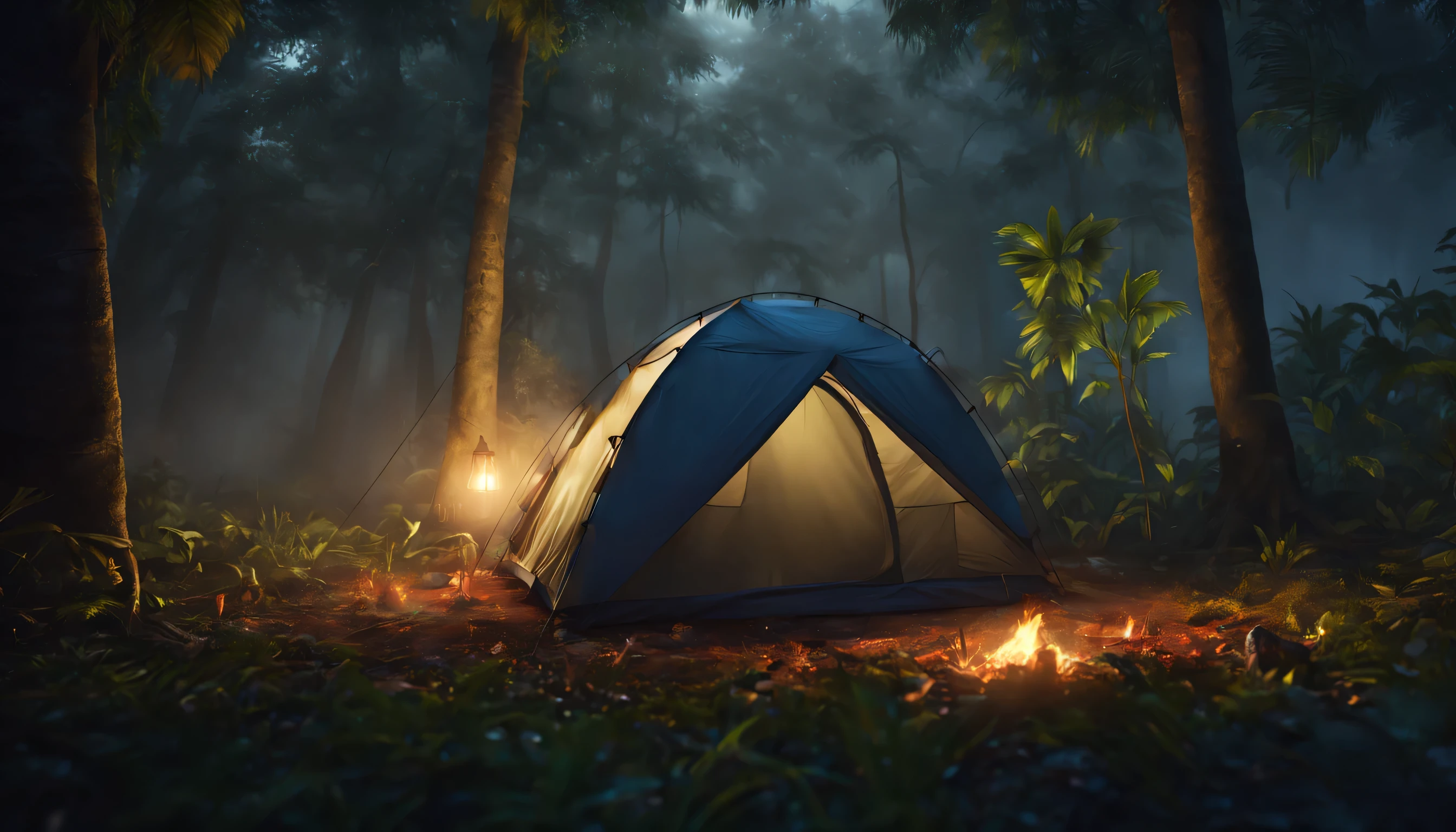 Camping tent set up between distant trees of an Amazon rainforest at night, With the floor wet, em um dia de nevoeiro, master part, best quality, alta qualidade, extremamente detalhado CG unity 8k wallpaper, oil painting, award-winning photography, Bokeh, profundidade de campo, HDR, florescer, chromatic aberration, fotorrealista, extremamente detalhado, Artstation Trend, CGSociety trend, intrincado, High detail, Dramatic, Arte no meio da jornada, Volumetric lighting