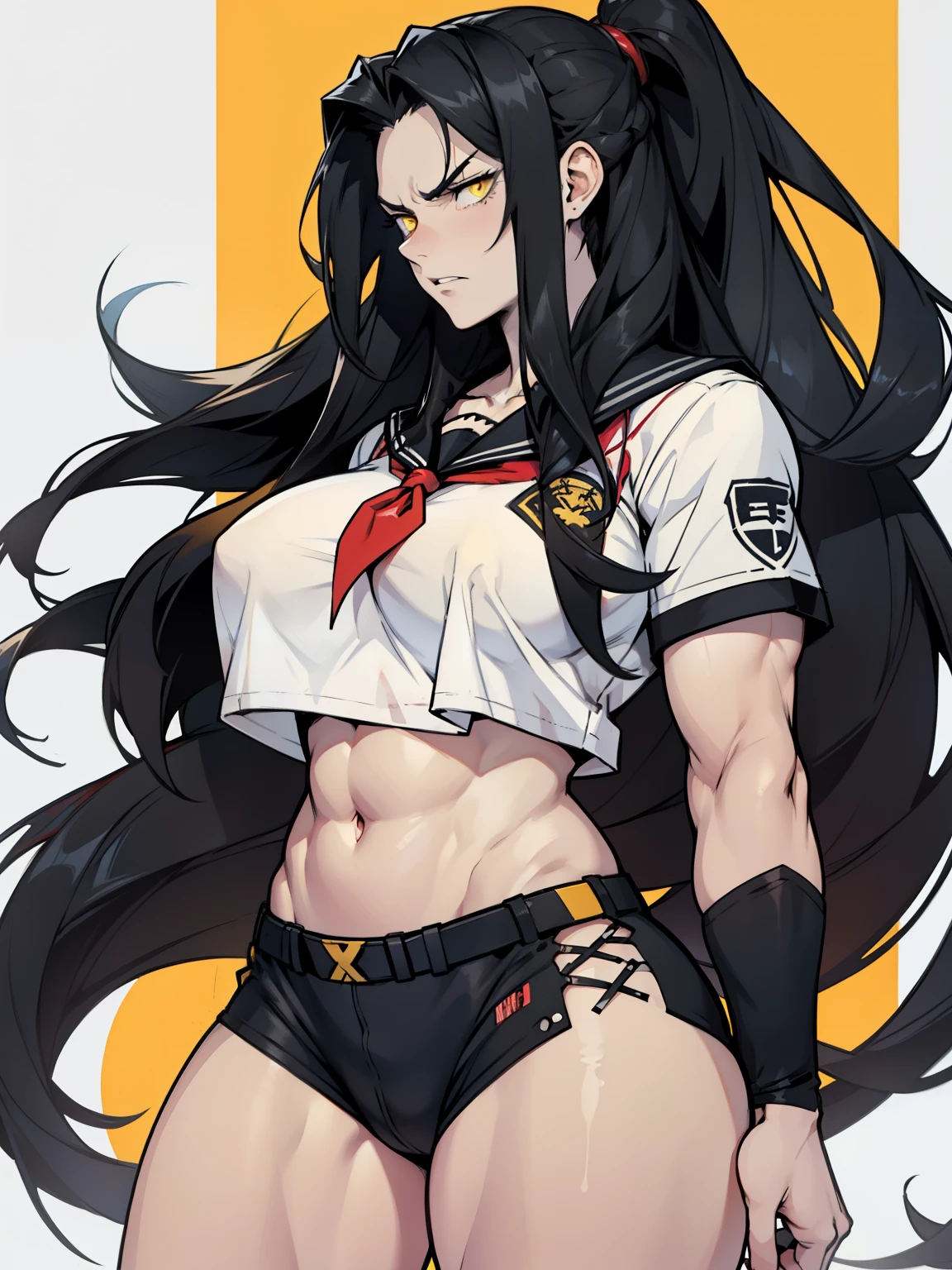 (1girl), black hair, extremely long hair, yellow eyes, ((muscular)), huge breasts, thick thighs, solo, angry, (pale skin), cowboy shot, (serafuku)