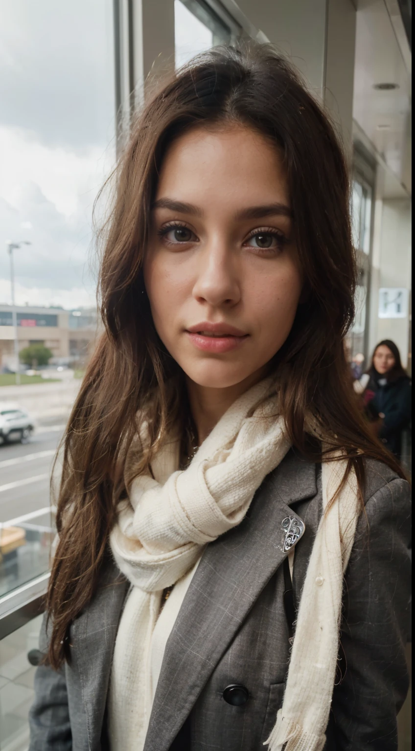(best quality,highres,ultra-detailed:1.2), HDR, vivid colors, Realistic portrait of an Argentinian woman with well arranged long brunette volume hair, small forehead, pretty smile, small dimple, beautiful brown eyes, thin eyebrows , light pink lips, no makeup, influencer, Instagram model, inside an airport near a glass window, wearing a grey overcoat and has a white scarf on her, photorealistic, shot on Kodak 800