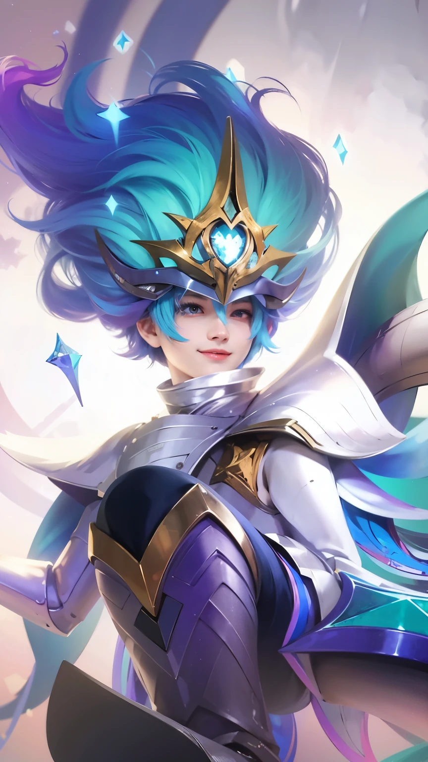 1boy, best quality, photo, 4k,looking at viewer,full body,wear platinum armor, blue hair, smile,