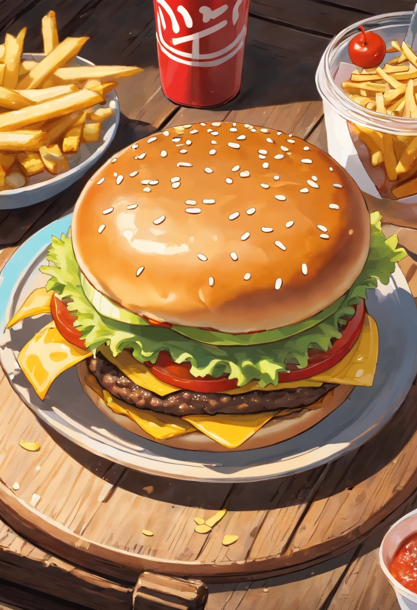 a top-down shot of a cheeseburger on a rustic wooden table, with sesame seeds sprinkled on the bun and a side of crispy golden fries, creating a classic American diner aesthetic
