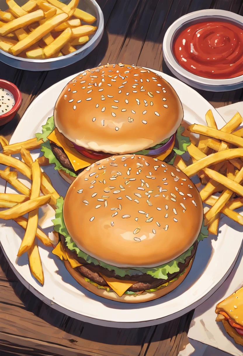 a top-down shot of a cheeseburger on a rustic wooden table, with sesame seeds sprinkled on the bun and a side of crispy golden fries, creating a classic American diner aesthetic