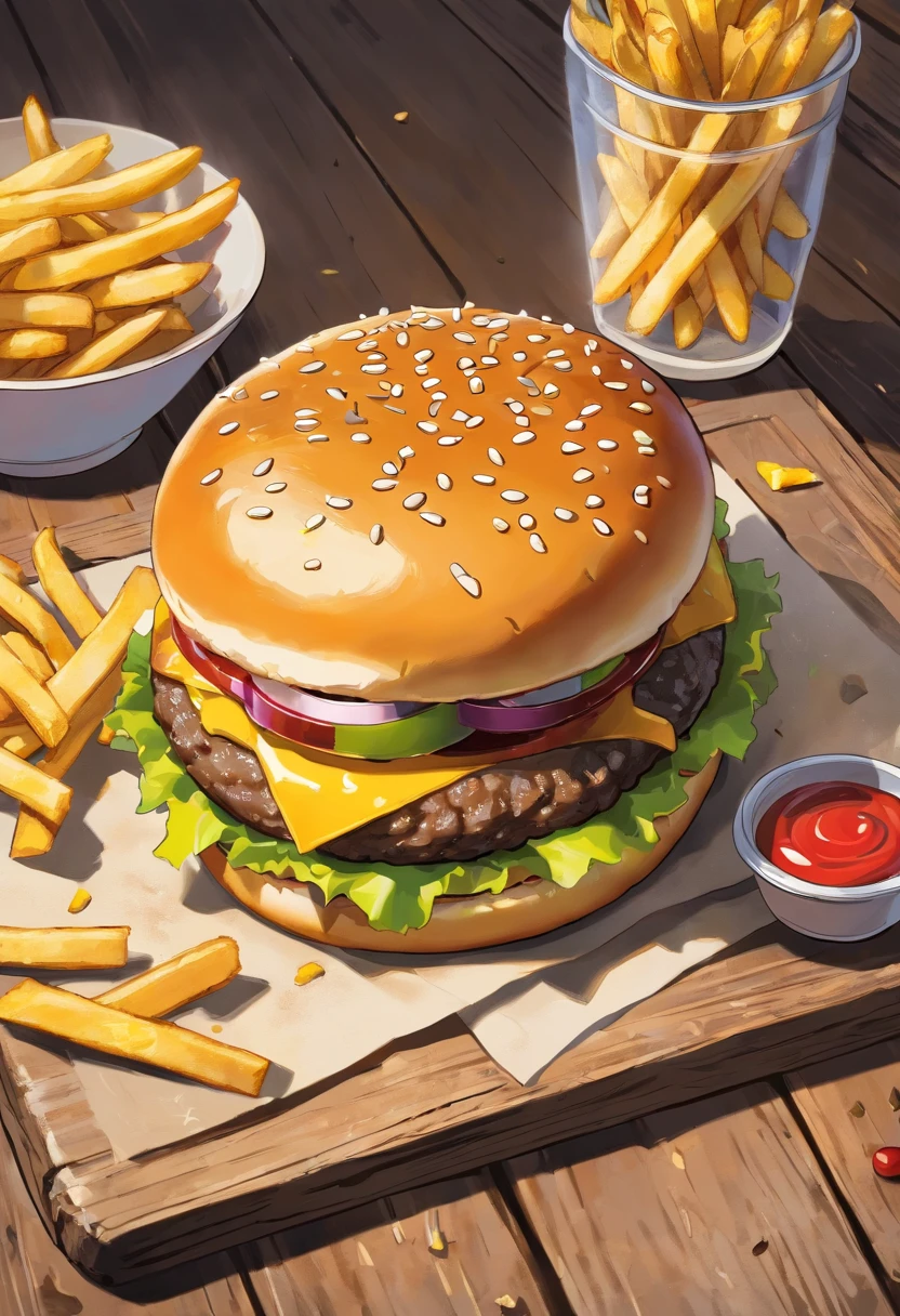 a top-down shot of a cheeseburger on a rustic wooden table, with sesame seeds sprinkled on the bun and a side of crispy golden fries, creating a classic American diner aesthetic