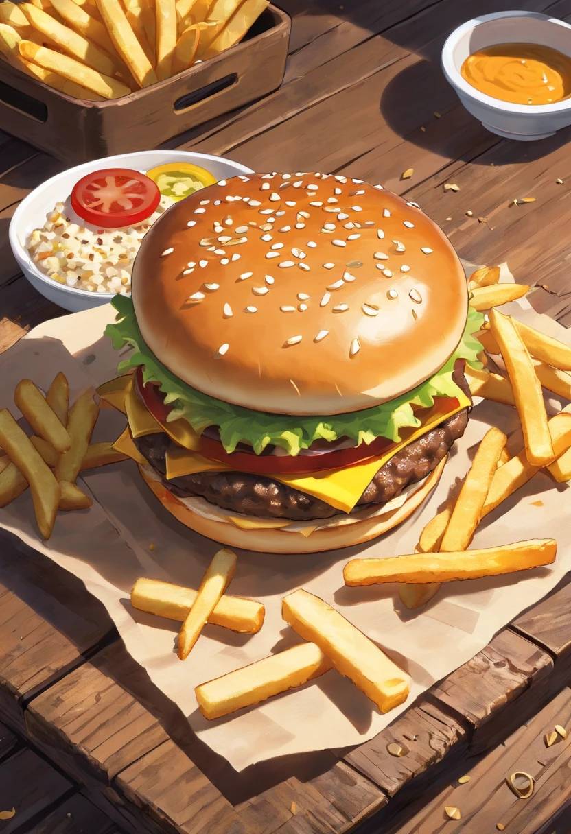 a top-down shot of a cheeseburger on a rustic wooden table, with sesame seeds sprinkled on the bun and a side of crispy golden fries, creating a classic American diner aesthetic
