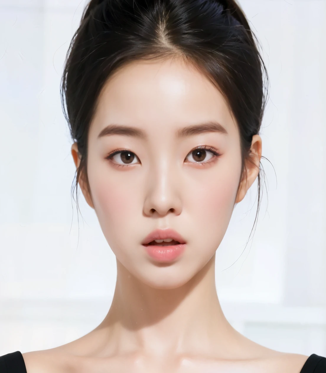 Un primer plano de una mujer con un top negro y un vestido negro, Korean symmetrical face, Rasgos de la cara coreana, Blackpink Jennie, south east asian with round face, Joven y adorable rostro coreano, Hermosa mujer surcoreana, Beautiful aesthetic face, Hermosa joven coreana, Asian face, hermoso rostro delicado, asian beautiful face, Hermosa joven coreana, Chica coreana