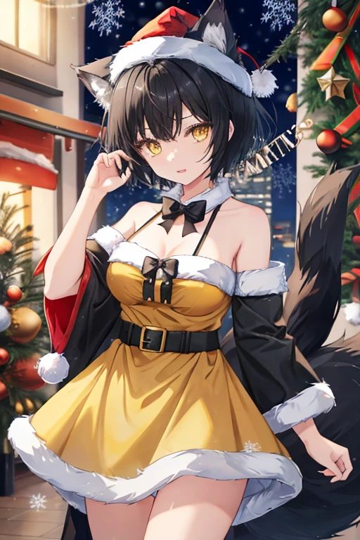 girl with wolf ears and tail, (very short hair), black hair, tomboy, yellow eyes, ((wears a Christmas Dress)), medium breasts, attractive, sexy, tomboyish