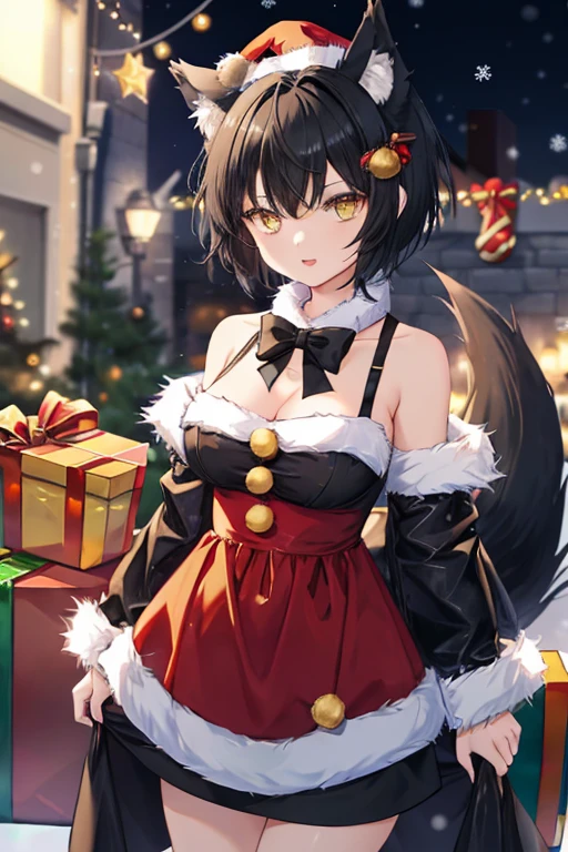 girl with wolf ears and tail, (very short hair), black hair, tomboy, yellow eyes, ((wears a Christmas Dress)), medium breasts, attractive, sexy, tomboyish