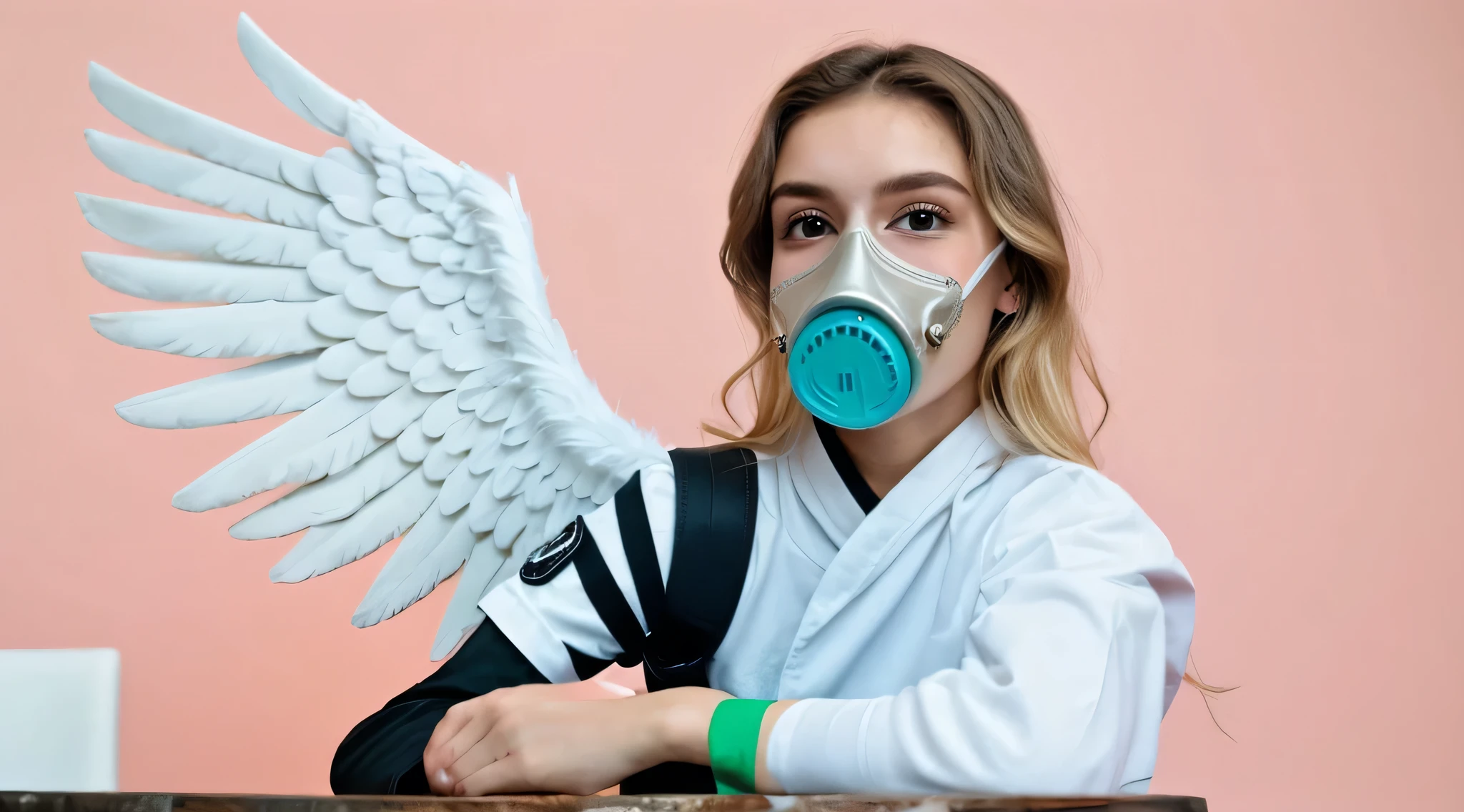 there is a smiling blonde girl, wearing a war gas mask with angel wings, wear gas mask sitting at the table, de uma linda menina do anjo, anjo bonito, de anjo bonito, menina do anjo, lindo retrato da menina do anjo, Retrato de um anjo bonito, menina com asas de anjo, tema anjo, angel themed, anjo feminino bonito, angelic, angelic neon, menina alada do anjo, angelic purity, angelic