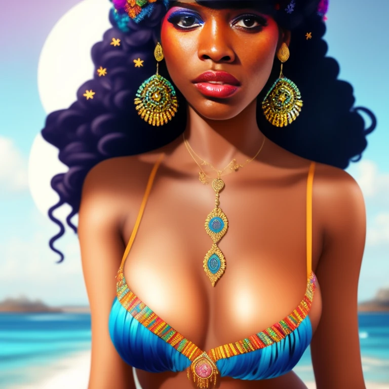 there is a woman in a bikini and colorful wig, epic 3 d oshun, black Princesa Africana, dark skin female deusa of love, stunning Princesa Africana, deusa. Detalhes extremamente altos, Princesa Africana, jovem mulher negra, mulher jovem negra, Rainha africana, sedutor. altamente detalhado, bela arte digital, 4k altamente detalhado digital art, beautiful deusa