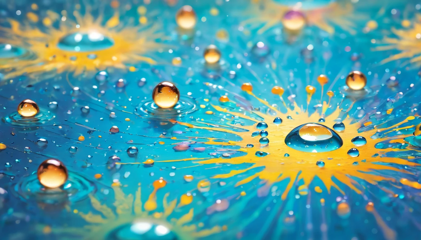 an abstract shot of water droplets on a vibrating surface, with multiple droplets creating unique and unpredictable patterns, showcasing the chaos and beauty that arises from the influence of vibration on water