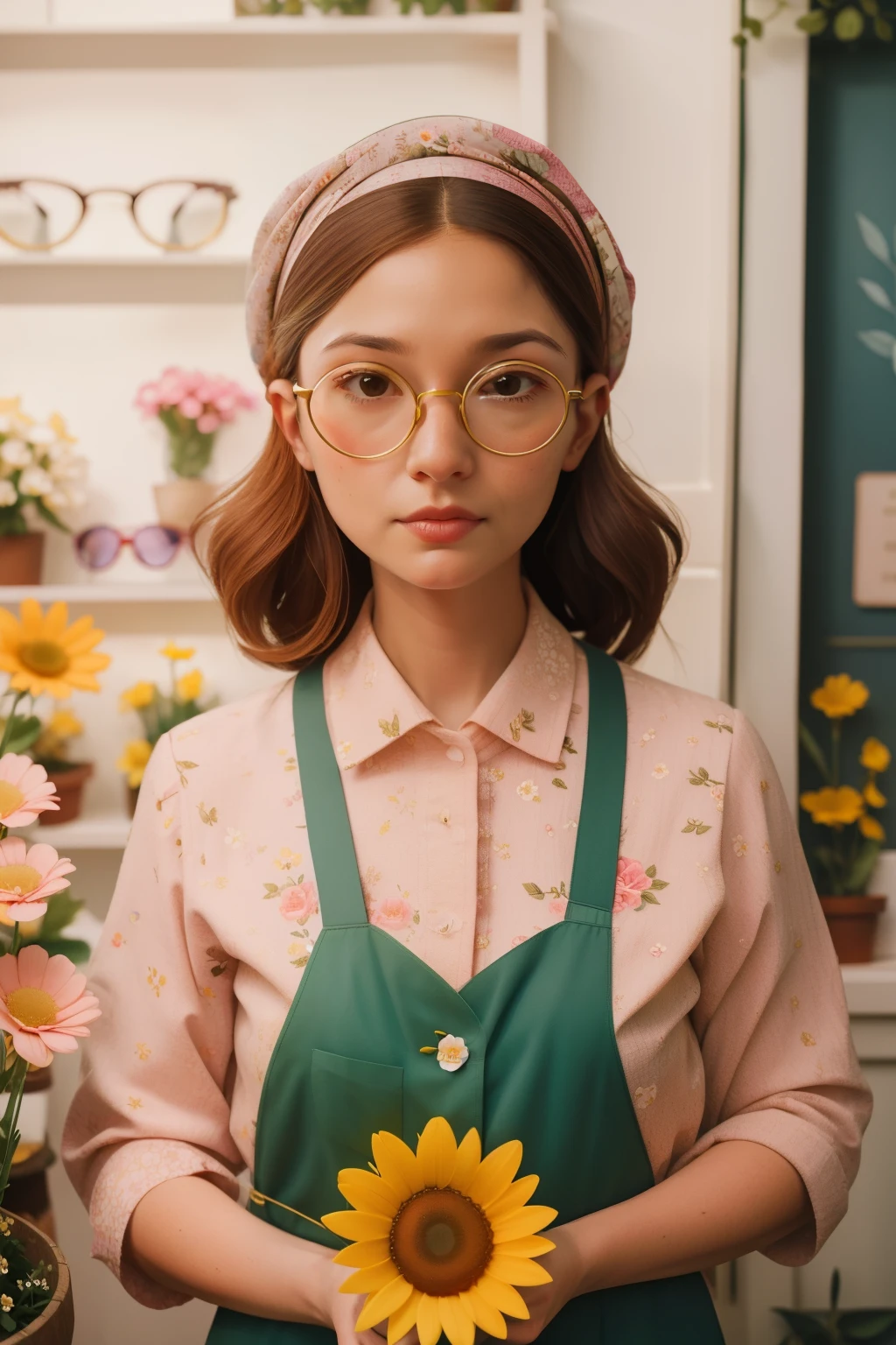 May 2023. Dreamy Flower Shop Vendor in Wes Anderson Glasses.
Description: A woman in her early 40s, with whimsical glasses and a floral headband, tends to flowers in a Wes Anderson flower shop. The close-up portrait captures her dreamy gaze and freckles, portraying the spirit of May floristry.