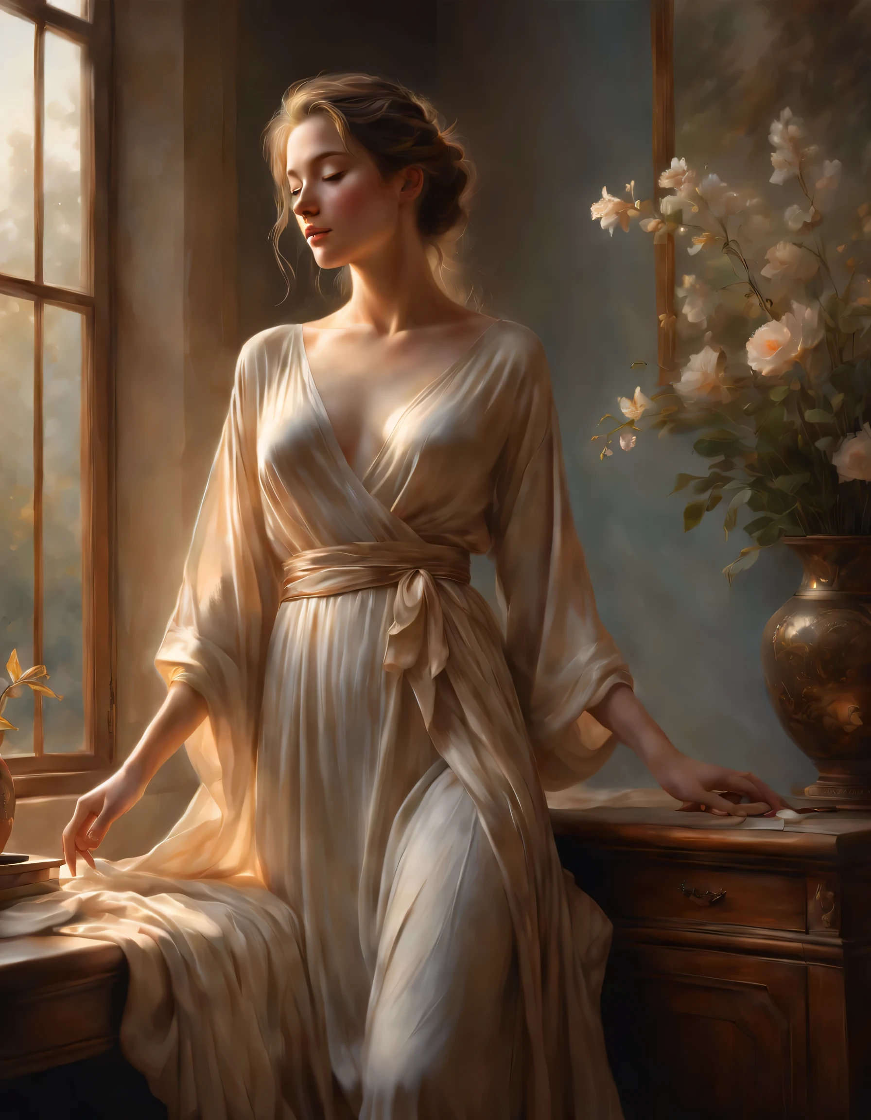 pintura detalhada,HDR,Altas,Realistic,artistas conceituais,poetic,majestoso,sereno,cores elegantes,soft lighting,peaceful atmosphere,pinceladas sutis,movimento gracioso