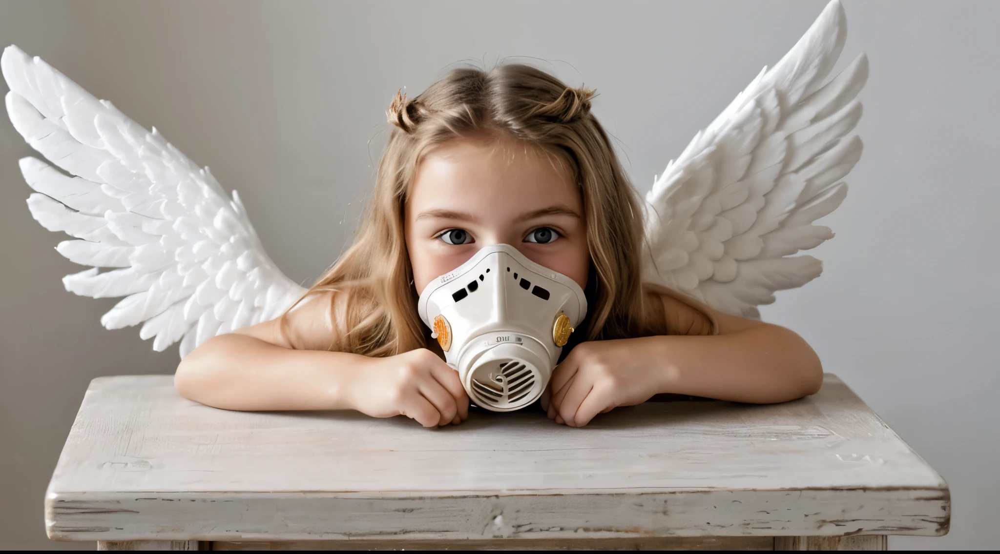 there is a smiling blonde girl, wearing a war gas mask with angel wings, wear gas mask sitting on a table, of a beautiful angel girl, beautiful angel, of beautiful angel, angel girl, beautiful angel girl portrait , Portrait of a beautiful angel, girl with angel wings, angel theme, Angel themed, cute female angel, angelic, angelic neon, winged angel girl, angelic purity, angelic