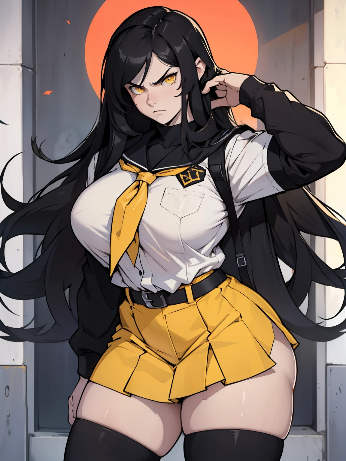(1girl), black hair, extremely long hair, yellow eyes, ((muscular)), huge breasts, thick thighs, solo, angry, (pale skin), cowboy shot, (school uniform)