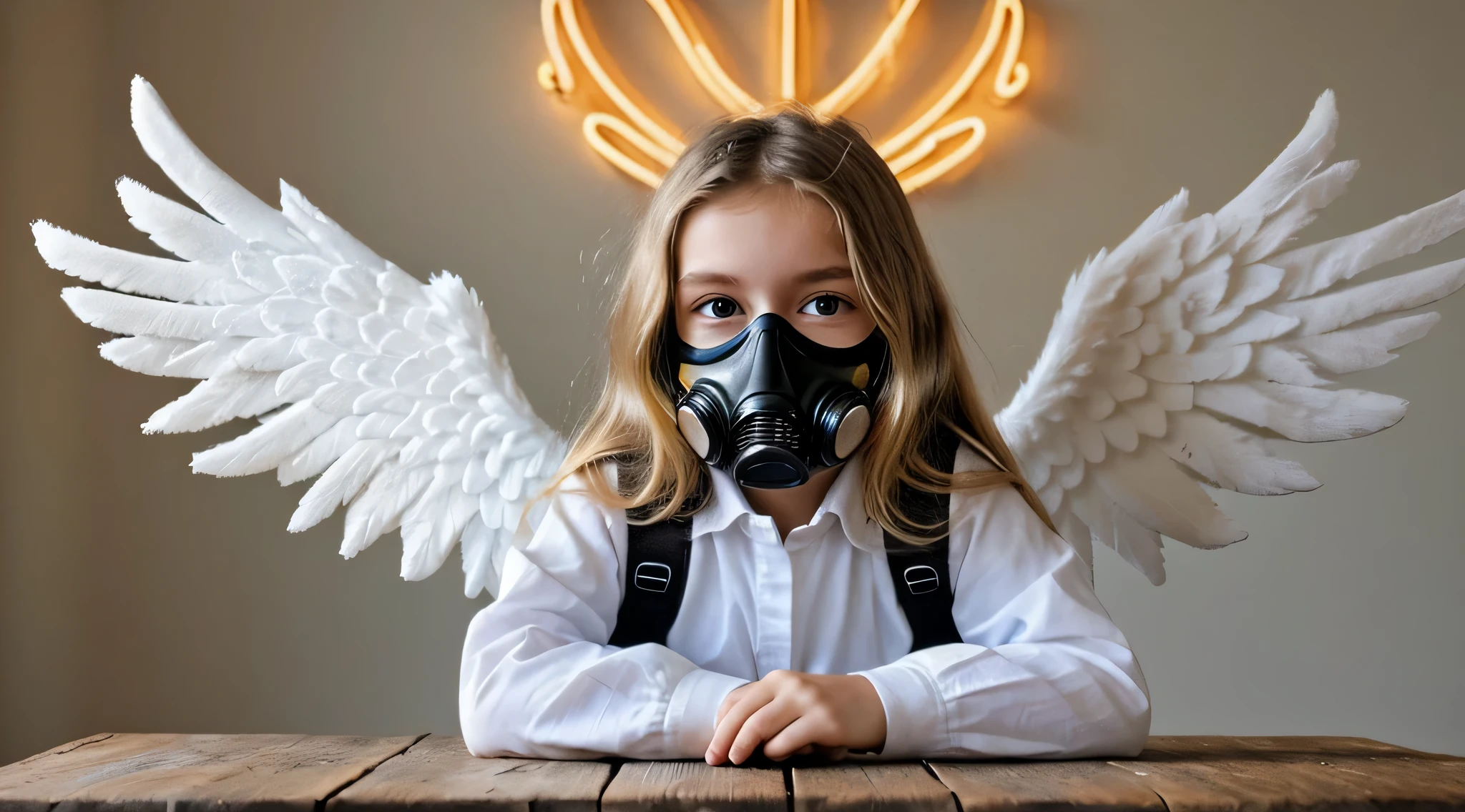 there is a smiling blonde girl, wearing a war gas mask with angel wings, wear gas mask sitting at a table, of a beautiful do anjo, anjo bonito, of anjo bonito, meninajo, beautiful menina do antrait , Portrait of a anjo bonito, menina com asas de tema anjo, angel themed, Anjo Feminino Fofo, angelic, angelic neon, winged menina do anjo, angelic , angelic