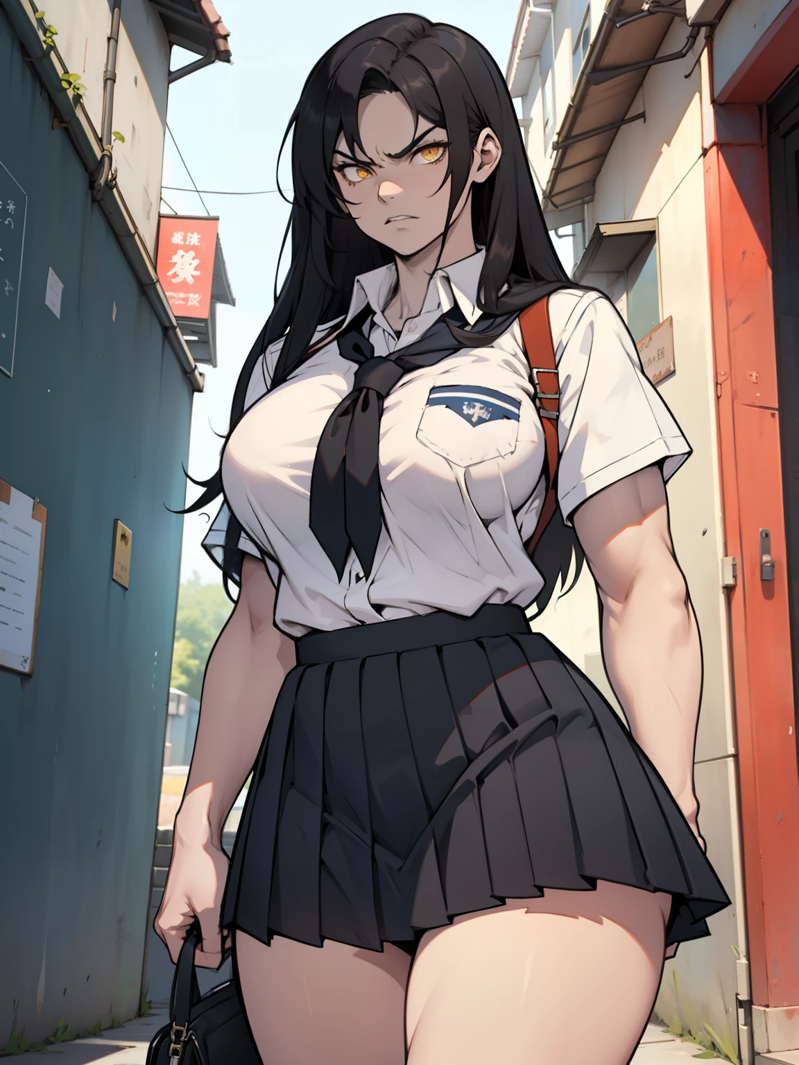 (1girl), black hair, extremely long hair, yellow eyes, ((muscular)), huge breasts, thick thighs, solo, angry, (pale skin), cowboy shot, (school uniform)