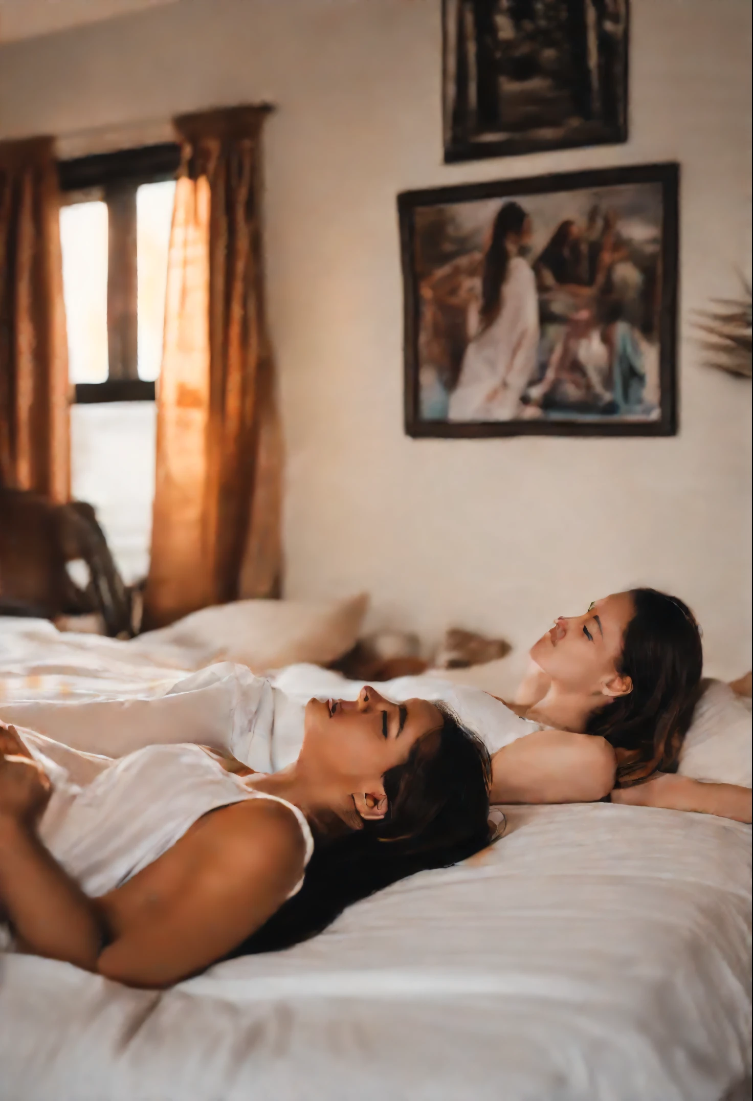 a friend giving her vagina to her friend in the 4 position, with her back to her friend on the bed