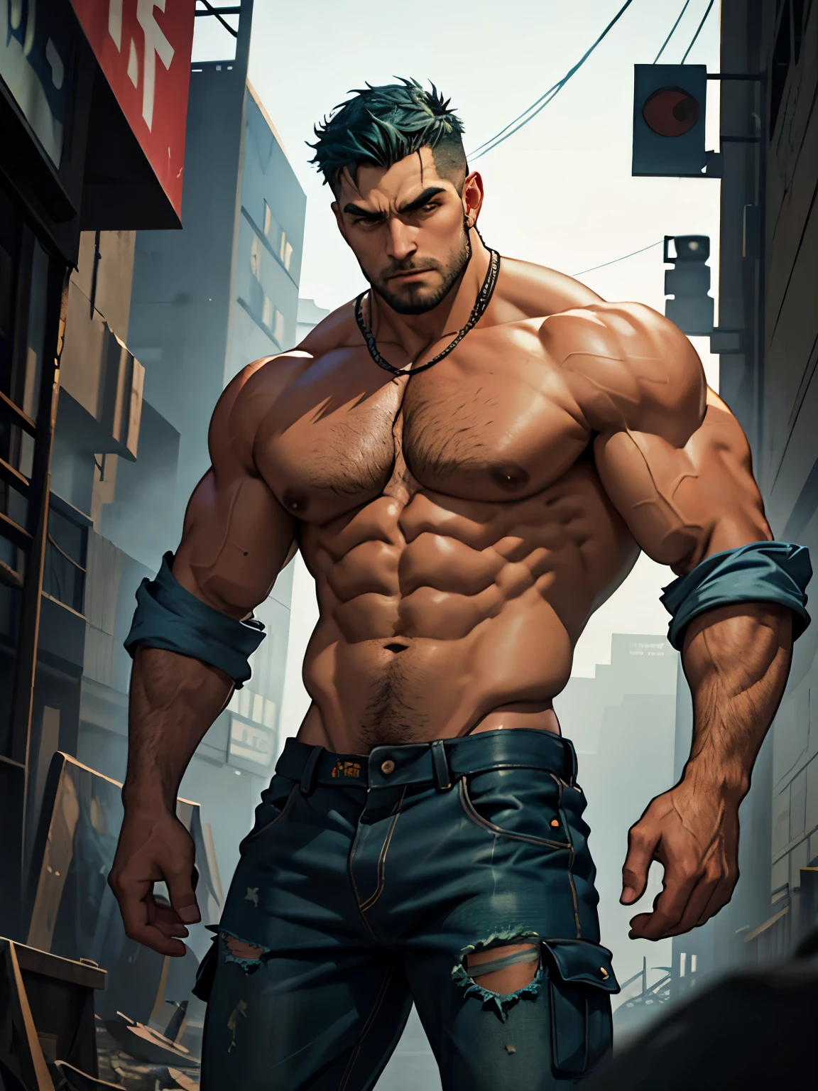 (best quality,4k,8k,highres,masterpiece:1.2),ultra-detailed,(realistic,photorealistic,photo-realistic:1.37),giant muscular massive young man with cyan blue hair in a undercut hair and tanktop and cargo pants outfit,Short Trimmed beard,no tattoos,badass,relaxed expression,beautiful detailed eyes,stern expression,strong muscular arms,giant hands,tattooed biceps,veiny hands,rippling muscles,thick neck,v-cut abdominal muscles,tight abs,bulging pectoral muscles,wide shoulders,bulky physique,strong jawline,chiseled cheekbones,combat boots,denim jacket,ripped clothing,tough guy pose,mysterious aura,brave and confident,heroic stance,in a deserted industrial setting,stark contrast between light and shadows,blue-green color palette,dynamic lighting,glowing neon signs,gritty atmosphere,urban decay,vivid graffiti,massive crumbling structures,abandoned machinery,billowing smoke,dust particles floating in the air,moody and dramatic,menacing presence,commanding presence